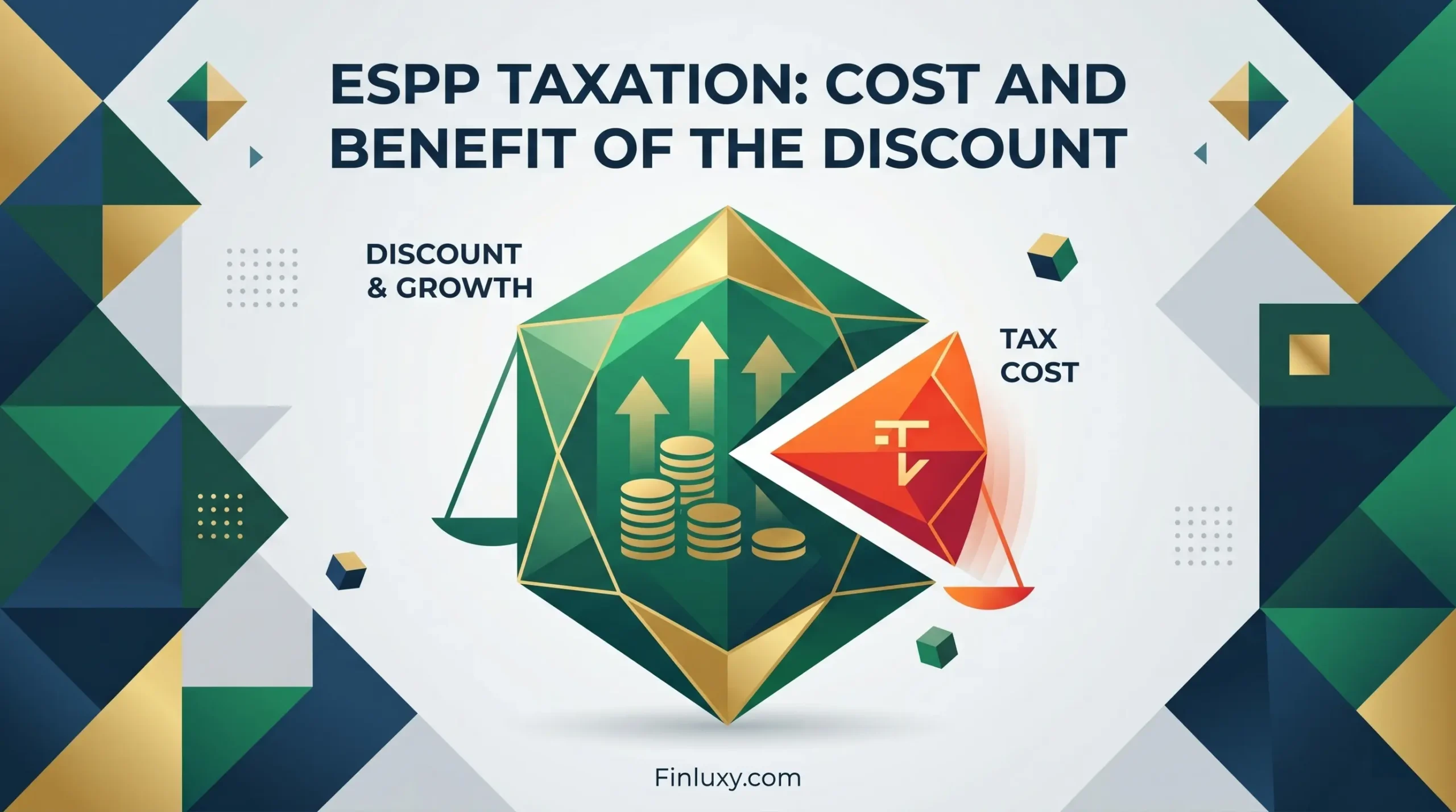 Geometric vector graphic depicting a crystal balancing ESPP benefits versus tax costs, with the Finluxy.com website URL at the bottom.