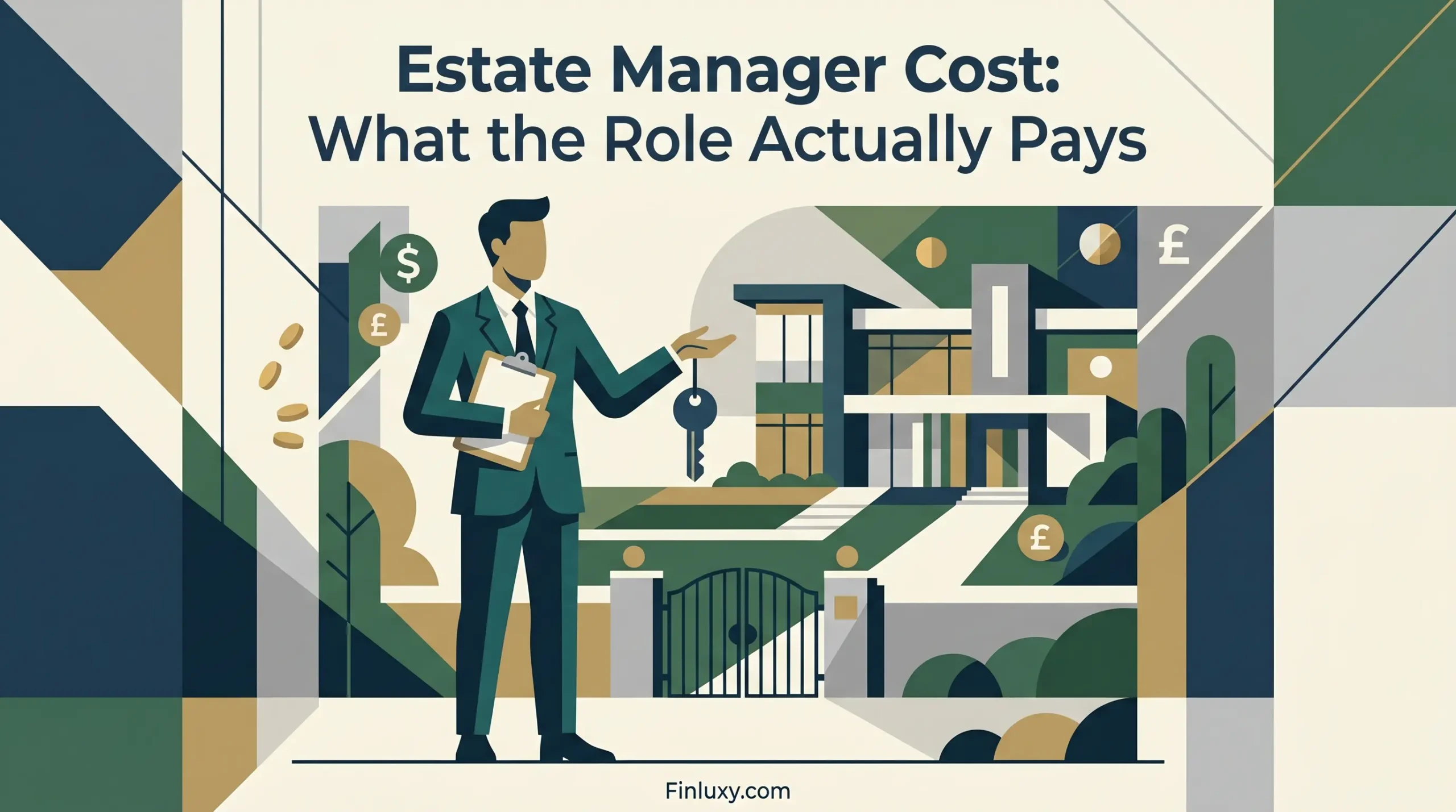 A modern illustration showing an estate manager standing in front of a luxury property with currency symbols and keys.