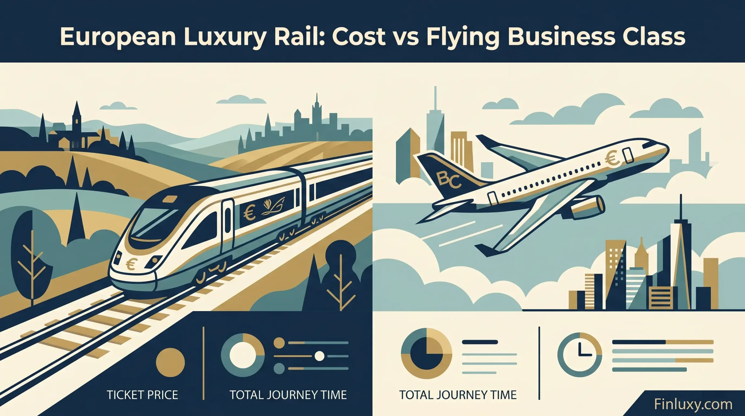Geometric vector illustration comparing a European high-speed train and an airplane, with the headline "European Luxury Rail: Cost vs Flying Business Class".
