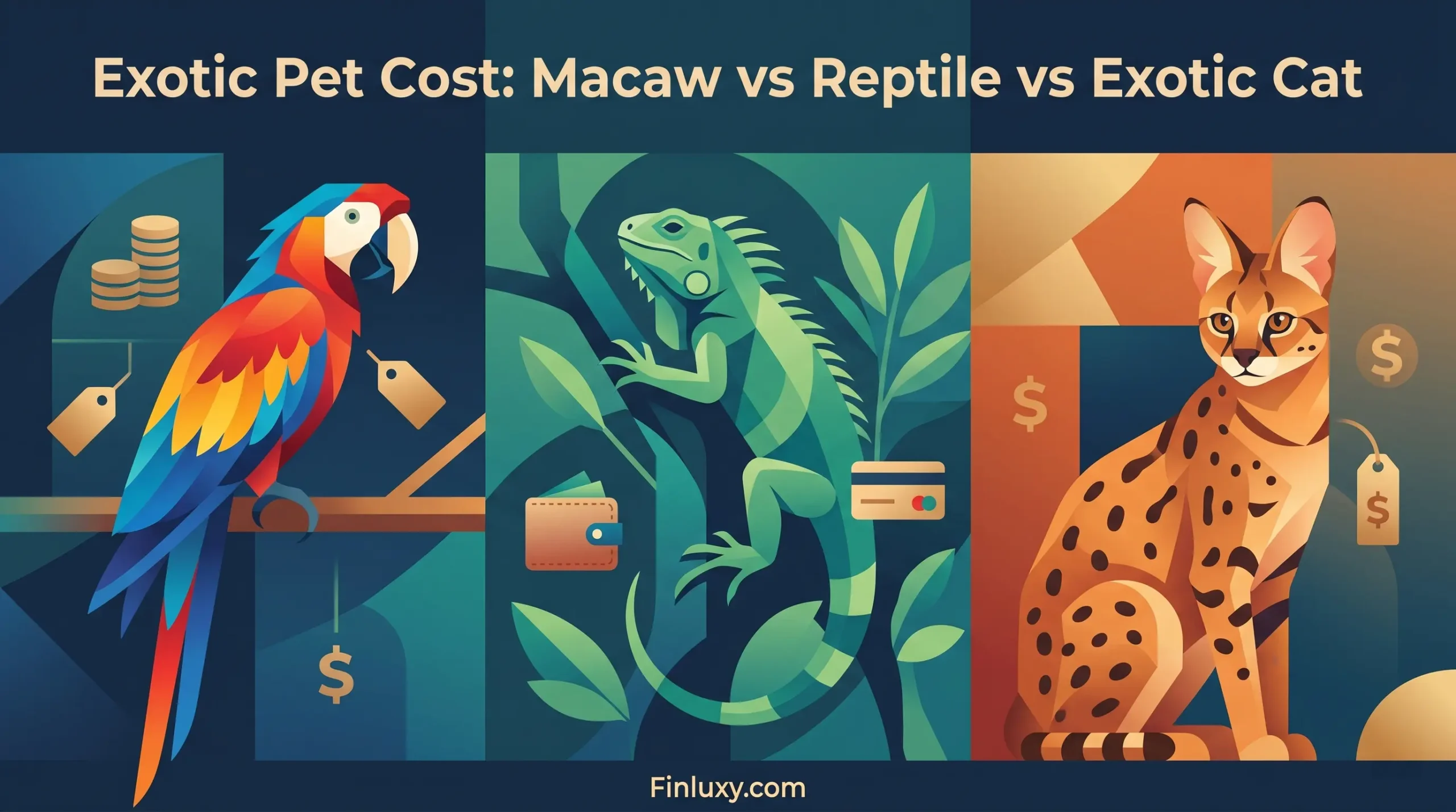 A clean vector graphic comparing the ownership costs of a macaw, a reptile, and an exotic cat, in a modern magazine style for Finluxy.com.