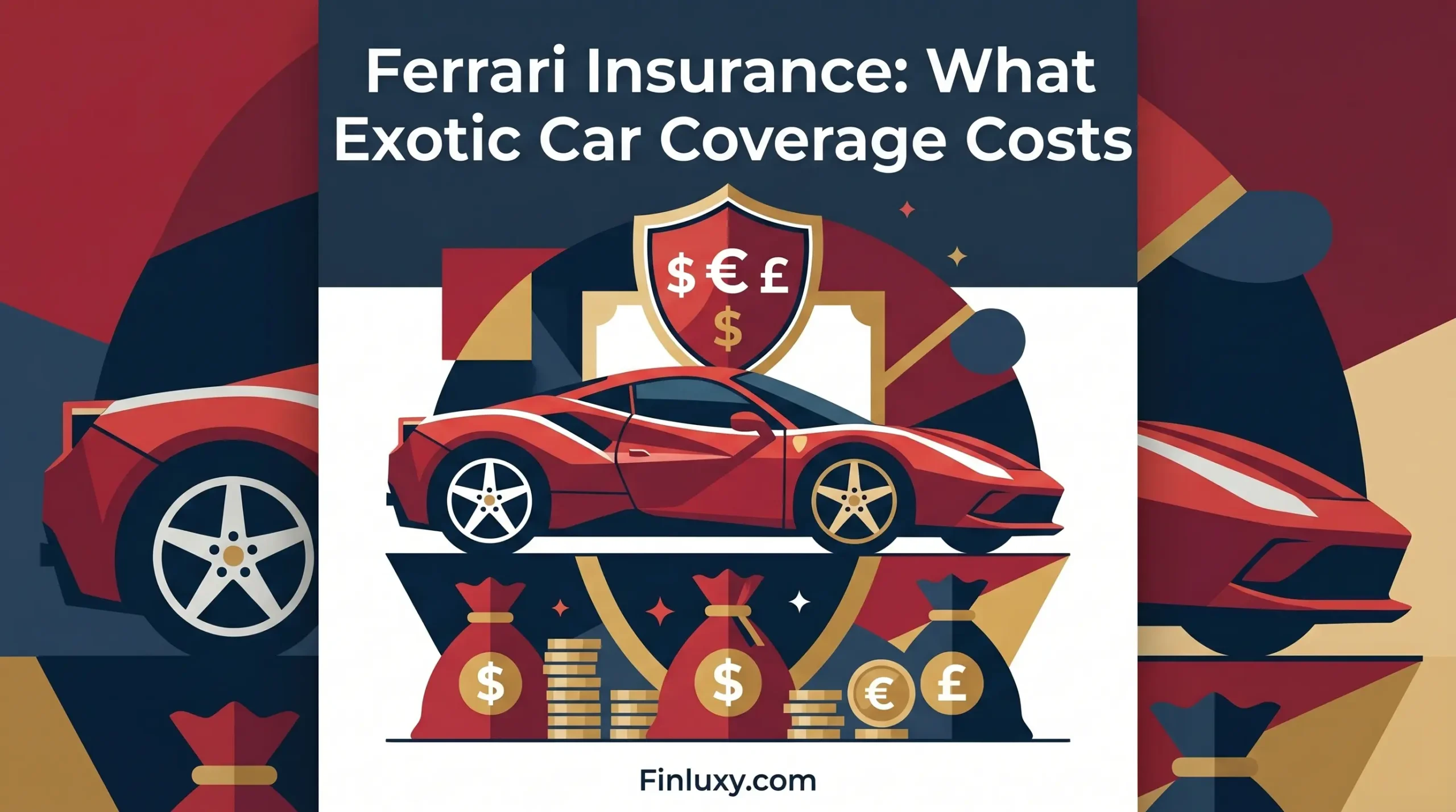 A geometric vector illustration of a red exotic sports car and a shield with currency symbols, representing high insurance costs.
