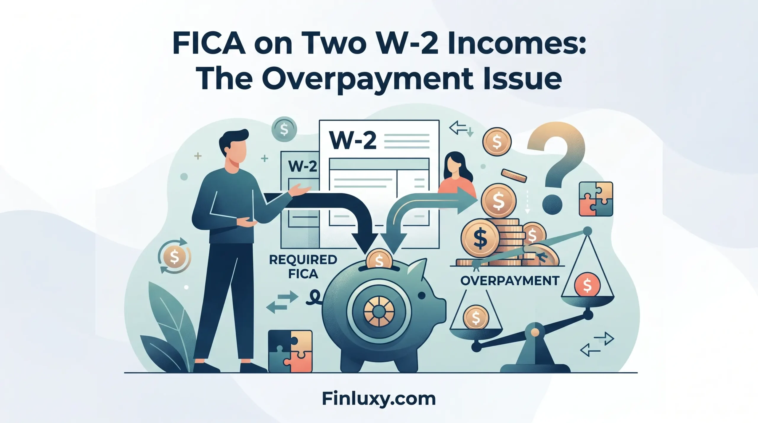 Geometric illustration showing a person next to two W-2 forms, arrows pointing to a piggy bank and an overpayment scale.
