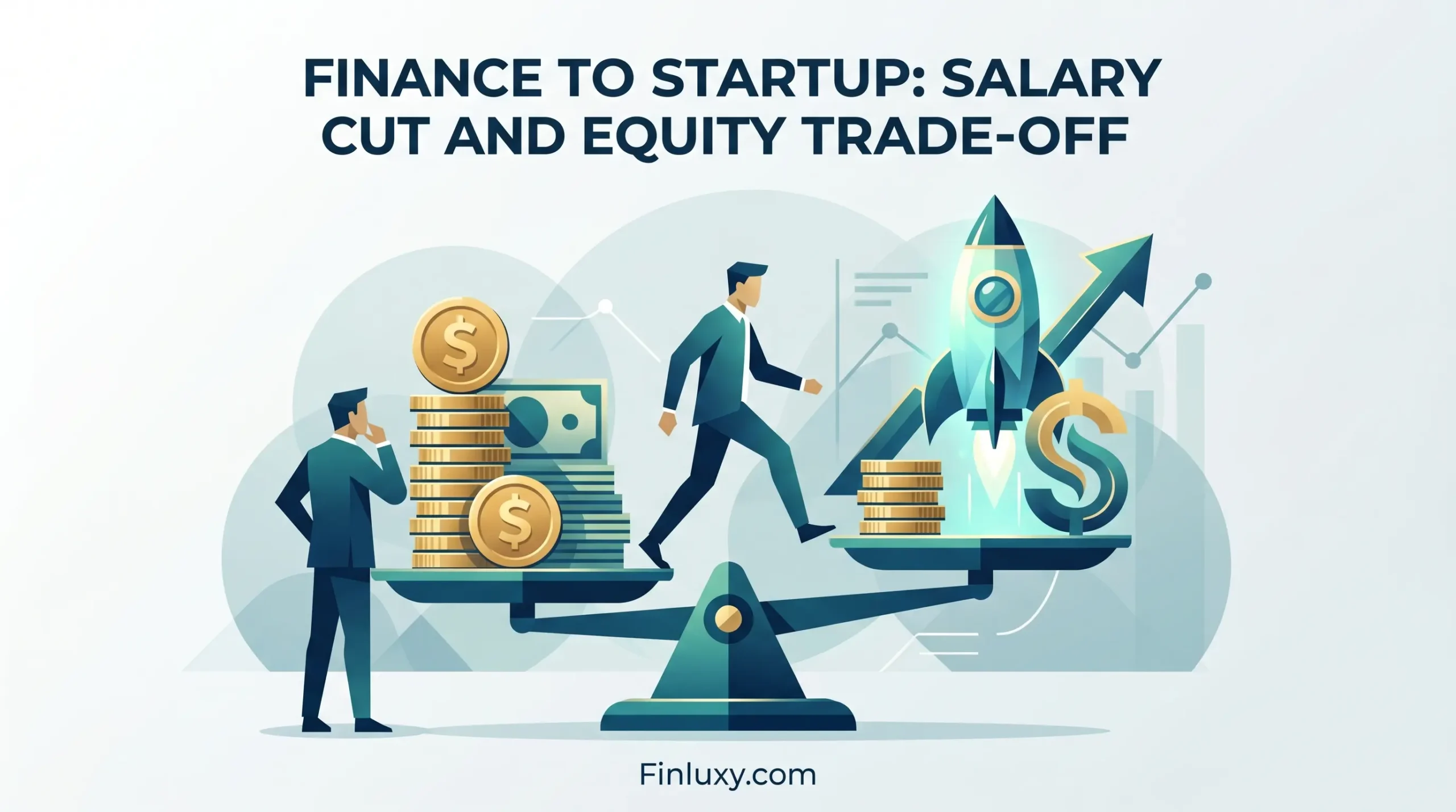 A stylized vector illustration showing a scale balancing a large stack of cash and coins against a rocket ship and arrow symbolizing startup growth.