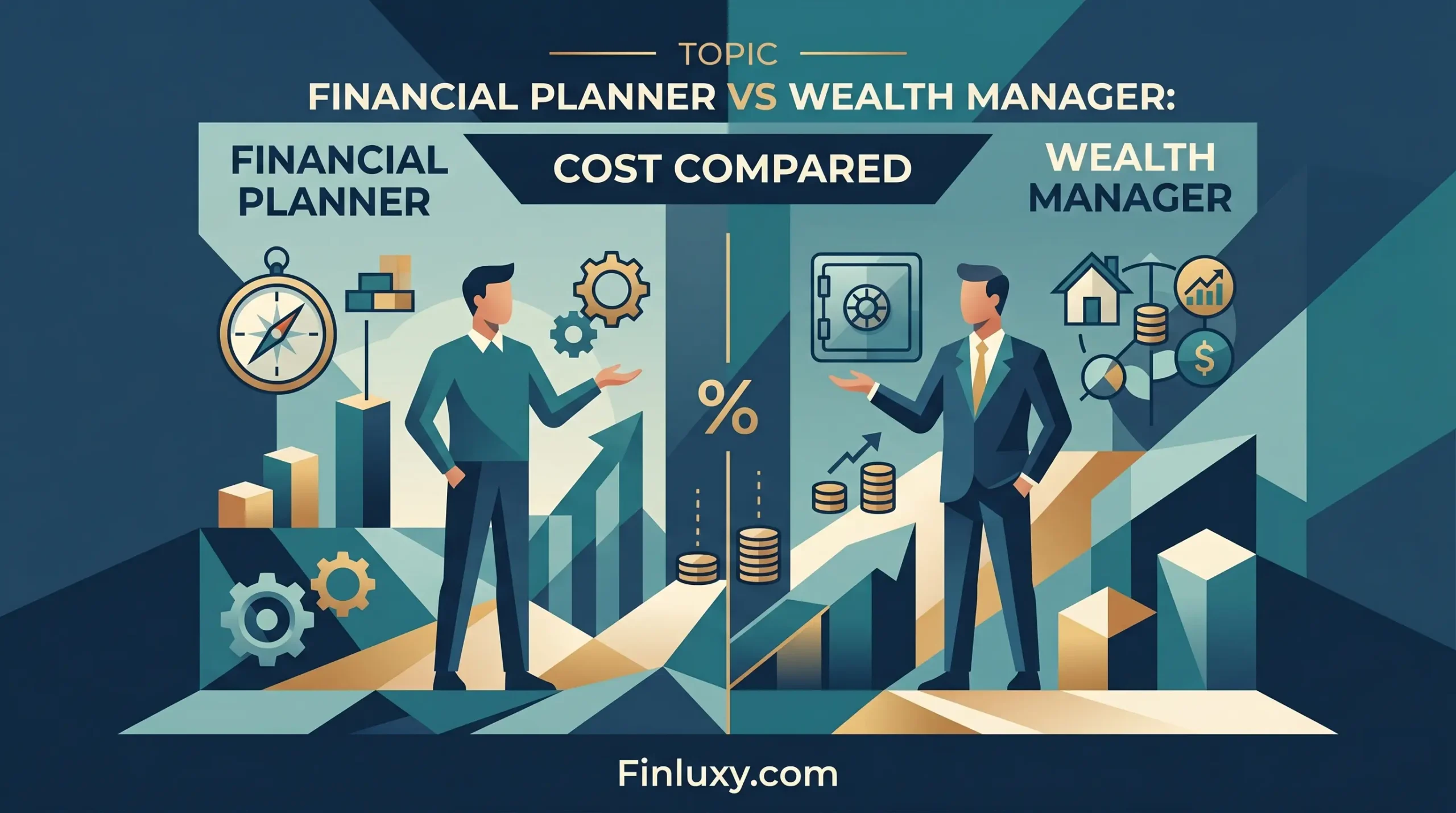 Geometric vector illustration comparing a financial planner and a wealth manager side-by-side, featuring the headline "Financial Planner vs Wealth Manager: Cost Compared" and Finluxy.com.