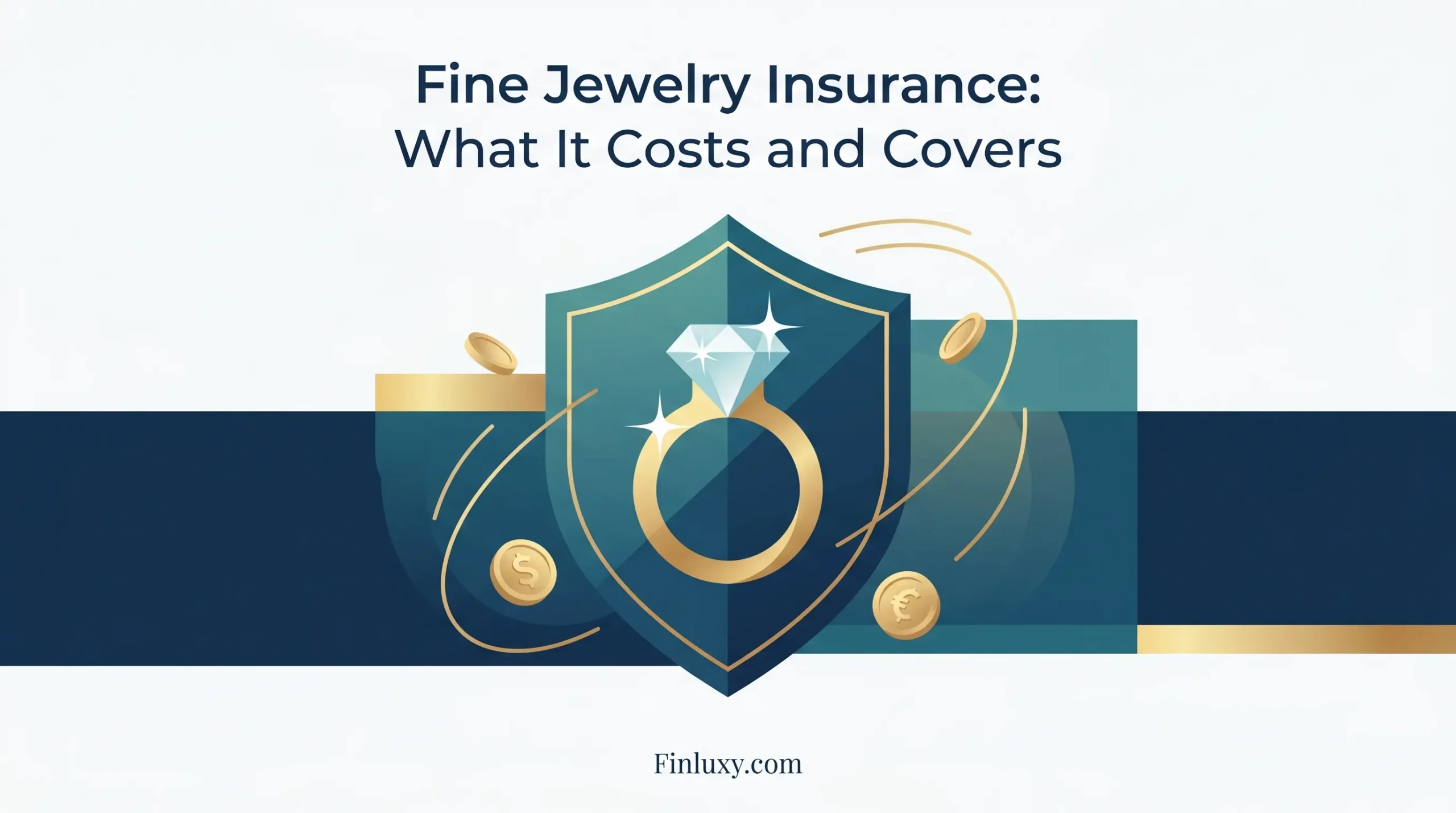 A geometric illustration showing a diamond ring inside a protective blue shield with gold coins, representing jewelry insurance.