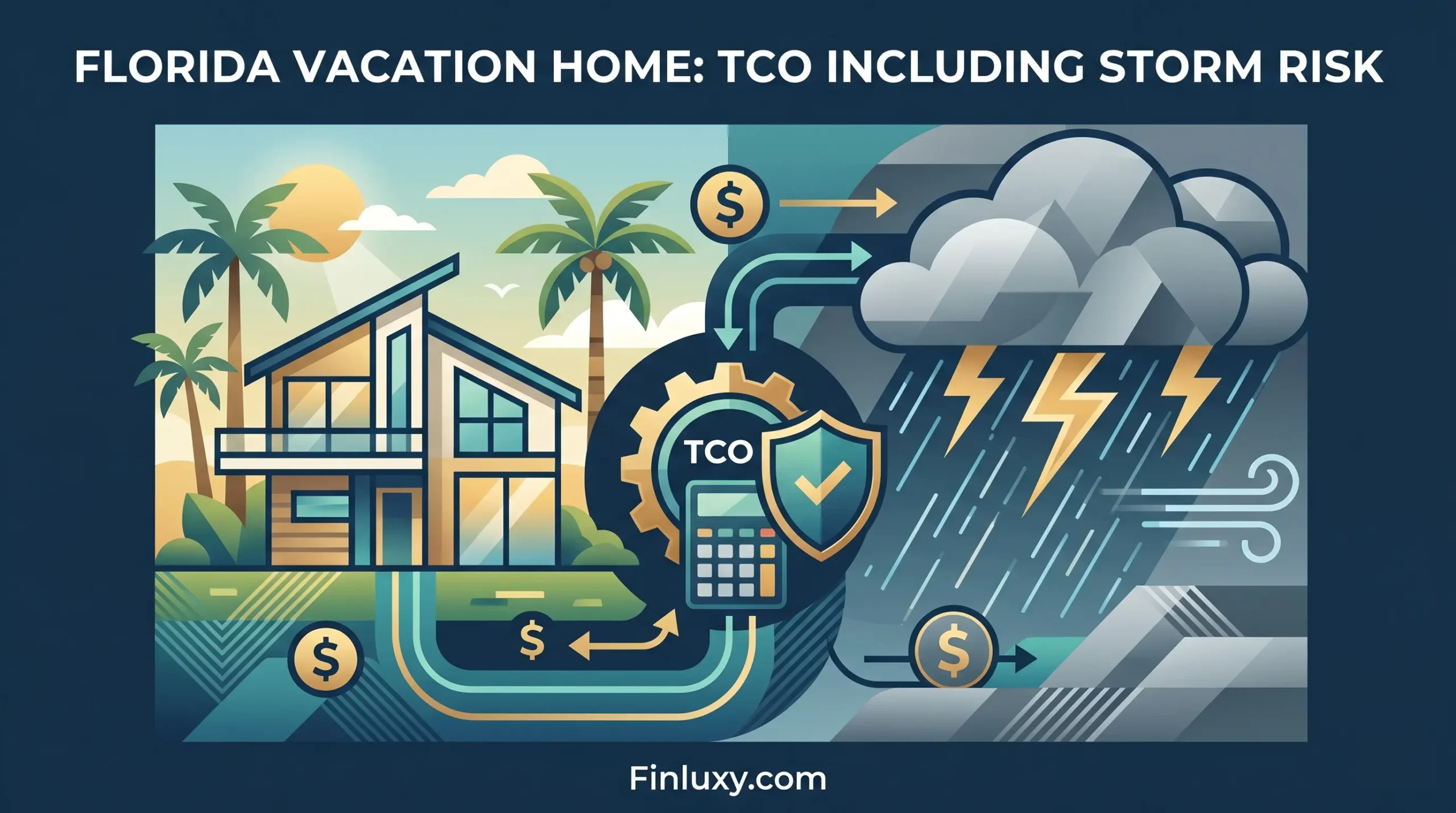 Minimalist vector illustration of a Florida vacation home divided between sunny weather and a severe thunderstorm with financial icons.