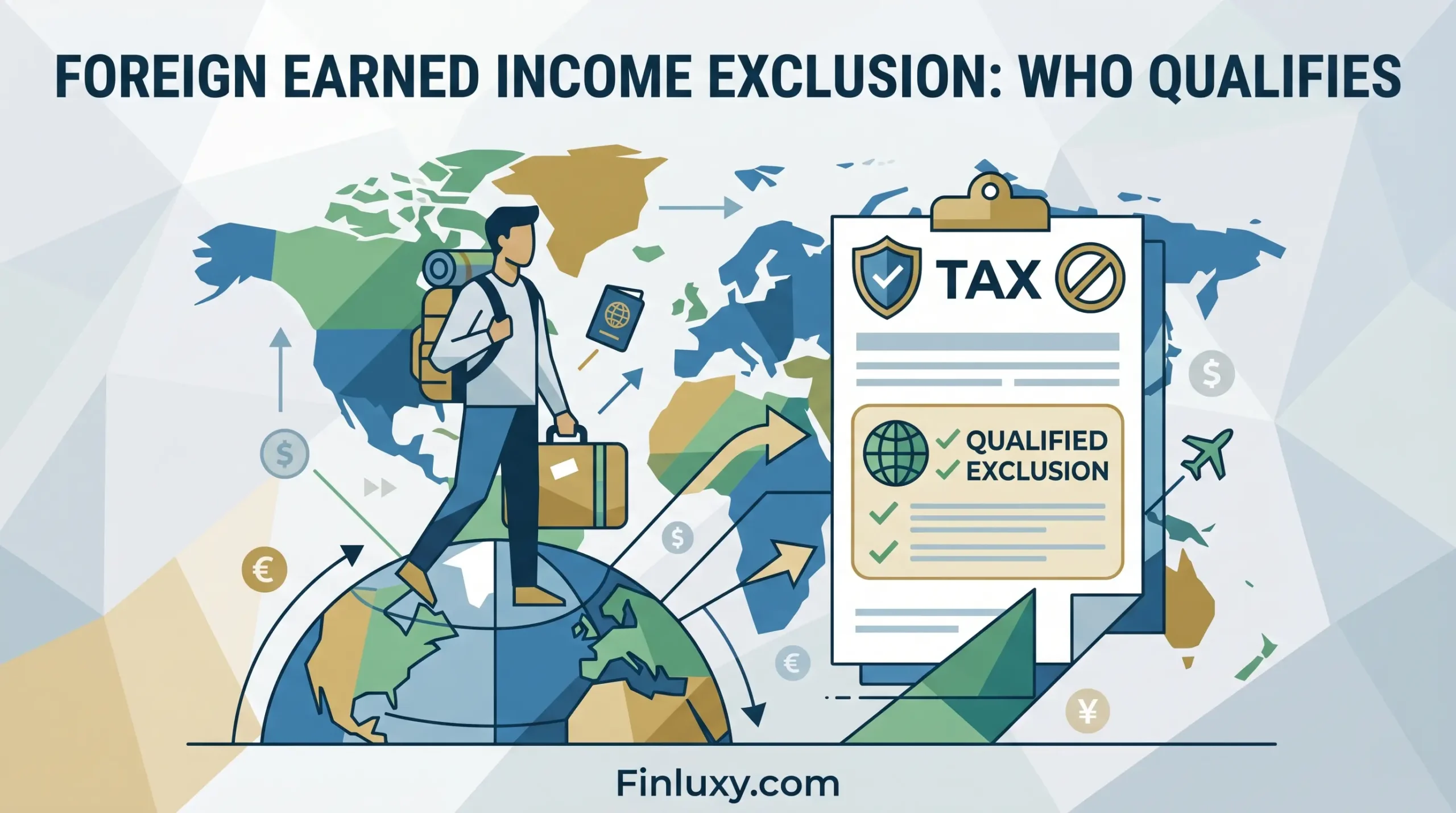 Geometric vector illustration of a traveler on a globe with tax documents, world map background, headlined "Foreign Earned Income Exclusion: Who Qualifies".
