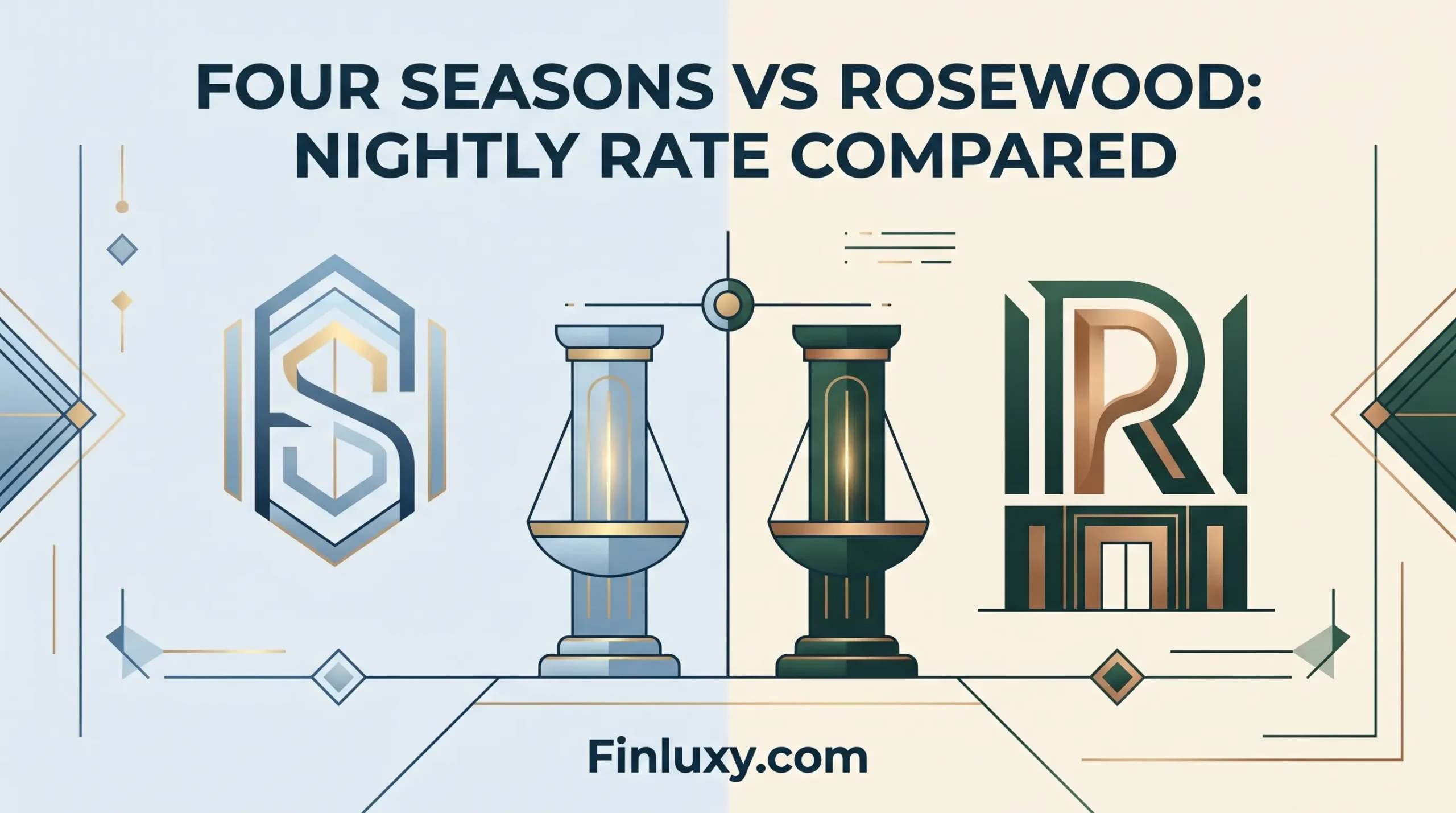 Geometric vector illustration comparing two luxury hotel brands with a split balance scale, headline text, and Finluxy.com at the bottom.