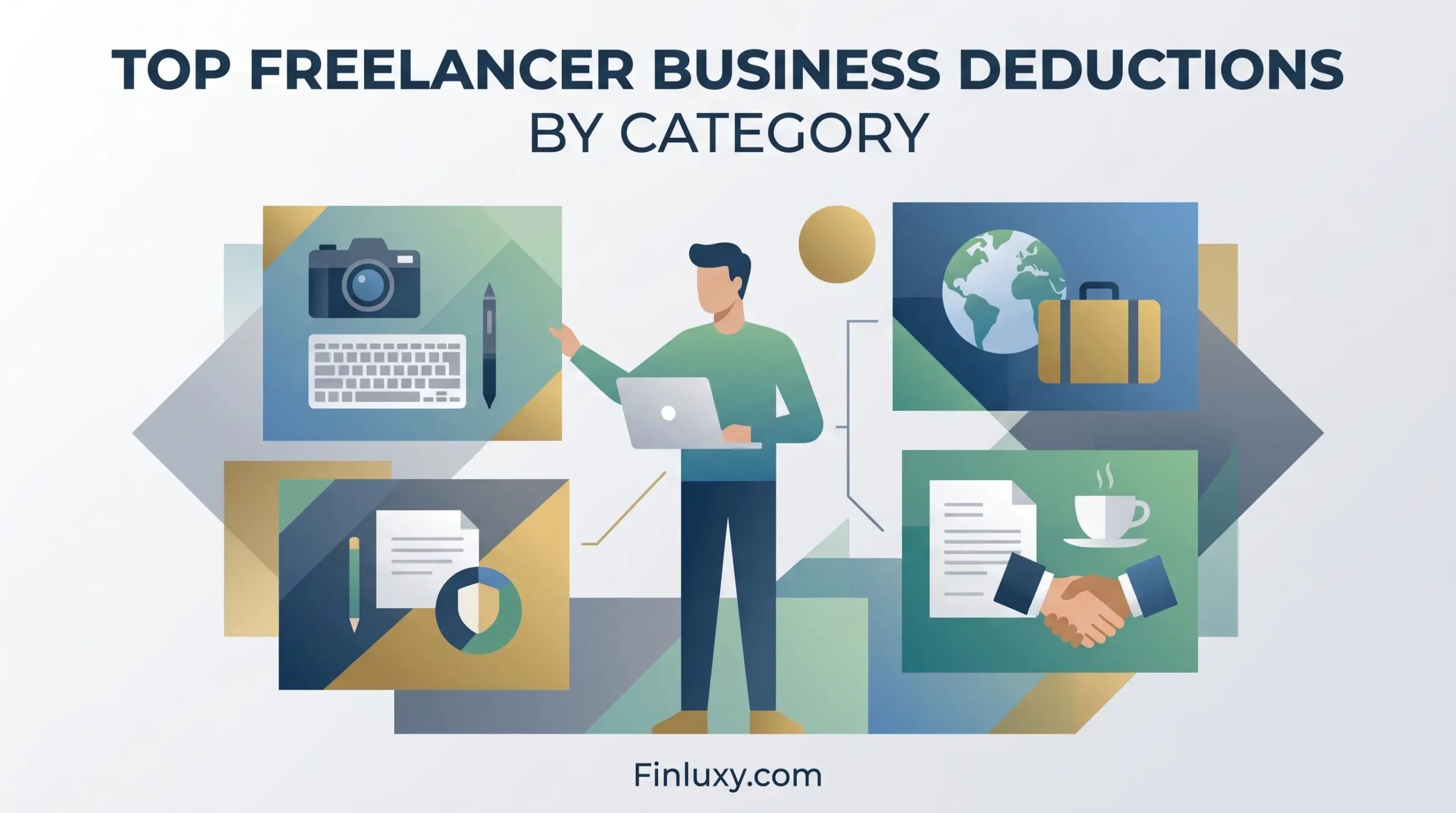 Geometric vector illustration of a freelancer at a desk next to rising coin stacks and an S Corp election document.