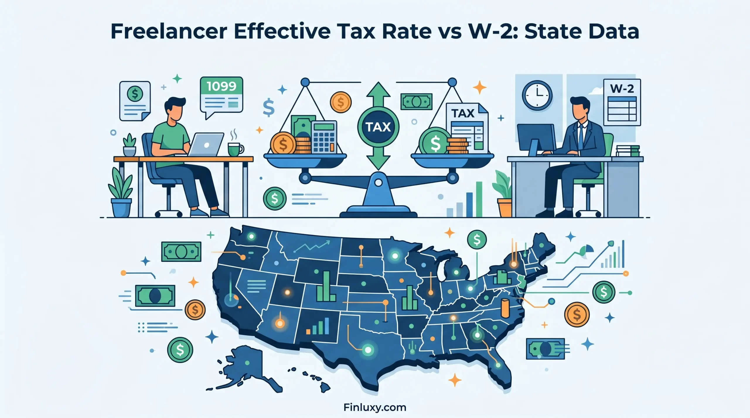 Geometric illustration contrasting freelancer 1099 and W-2 taxes using scales over a United States map for state data comparison.