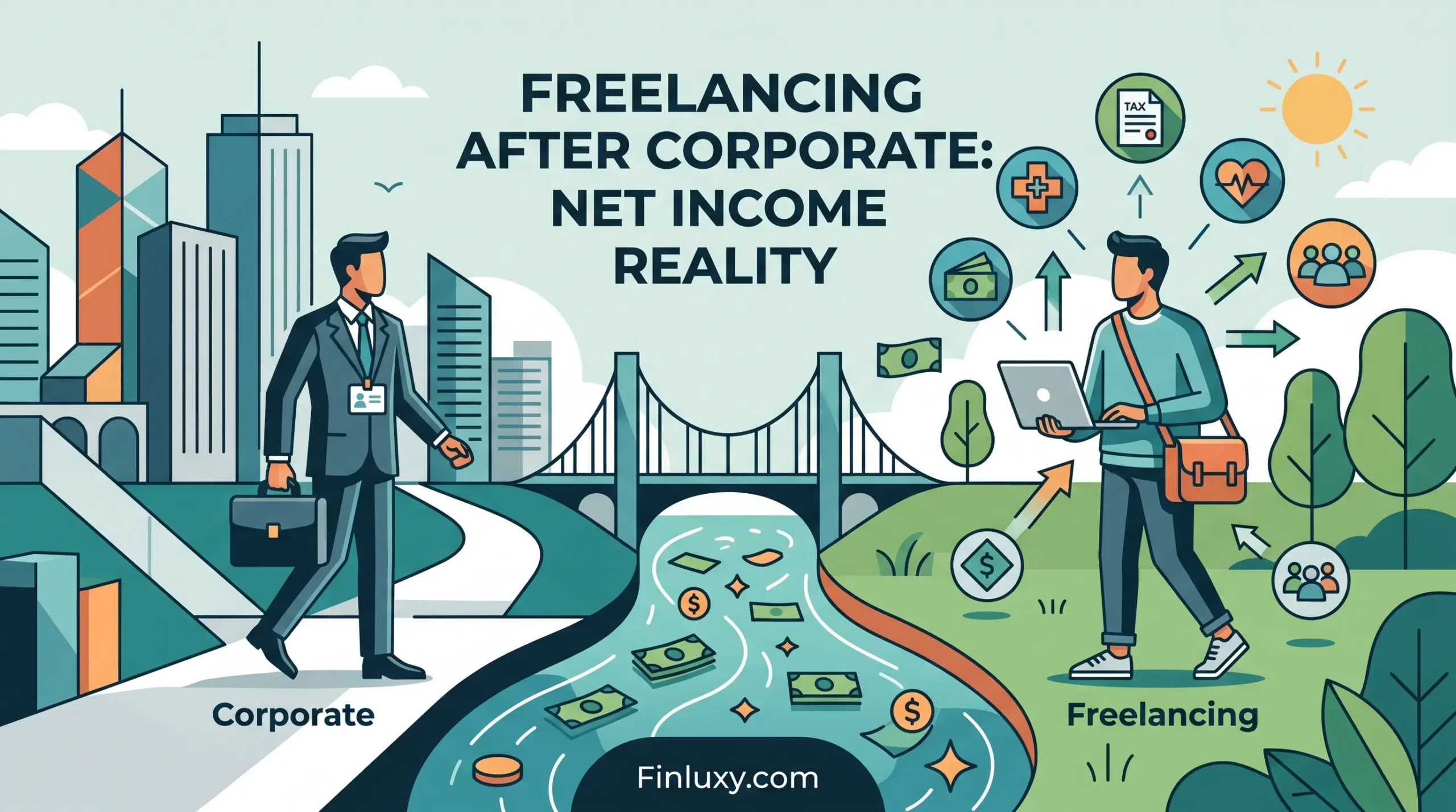 Geometric illustration comparing a corporate employee in a city to a freelancer with expenses like taxes and healthcare.
