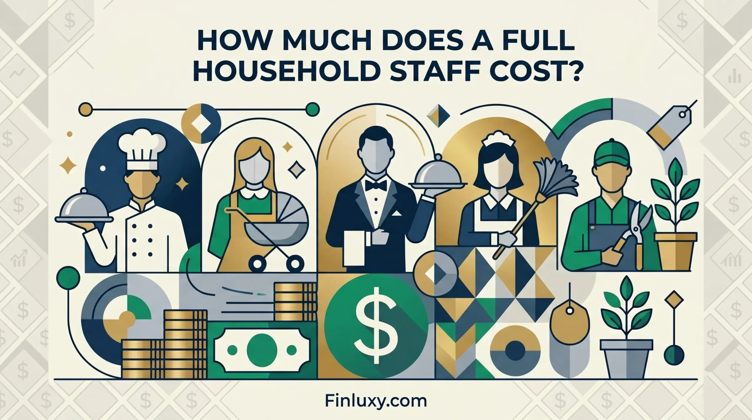 Geometric vector illustration for a finance blog, showing the title "HOW MUCH DOES A FULL HOUSEHOLD STAFF COST?" above stylized workers like a chef and nanny.