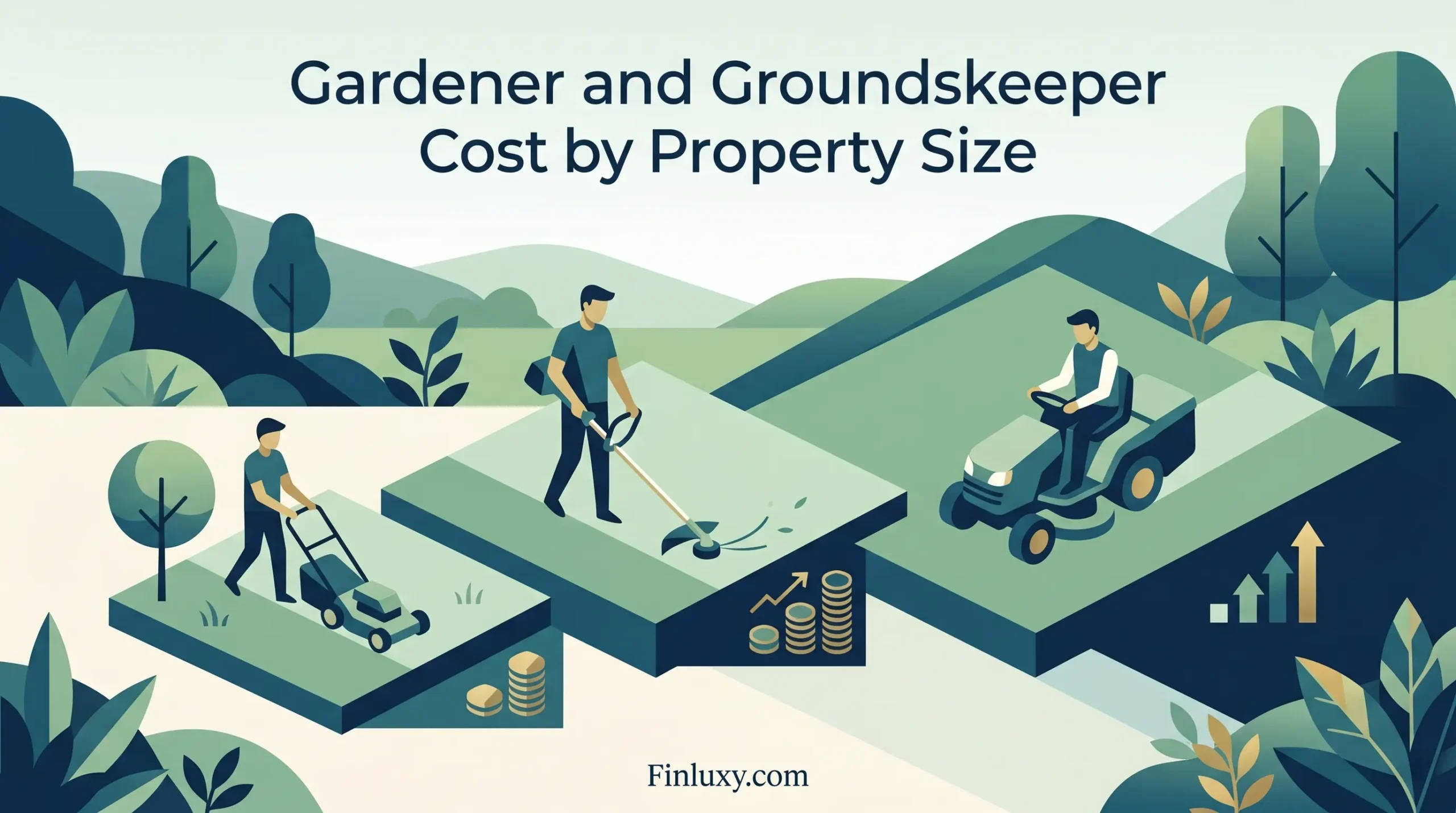 A geometric vector illustration shows three groundskeepers maintaining increasing sizes of green platforms. As the platforms and equipment get larger, from a push mower to a riding tractor, the stacks of coins and growth arrows next to them also increase, illustrating rising costs. The headline "Gardener and Groundskeeper Cost by Property Size" is at the top, with "Finluxy.com" at the bottom.