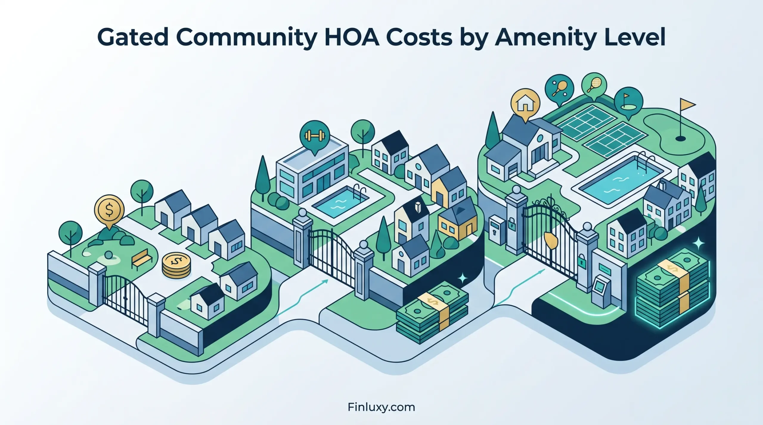 Geometric illustration showing a comparison of gated community amenity levels and increasing HOA costs. Finluxy.com