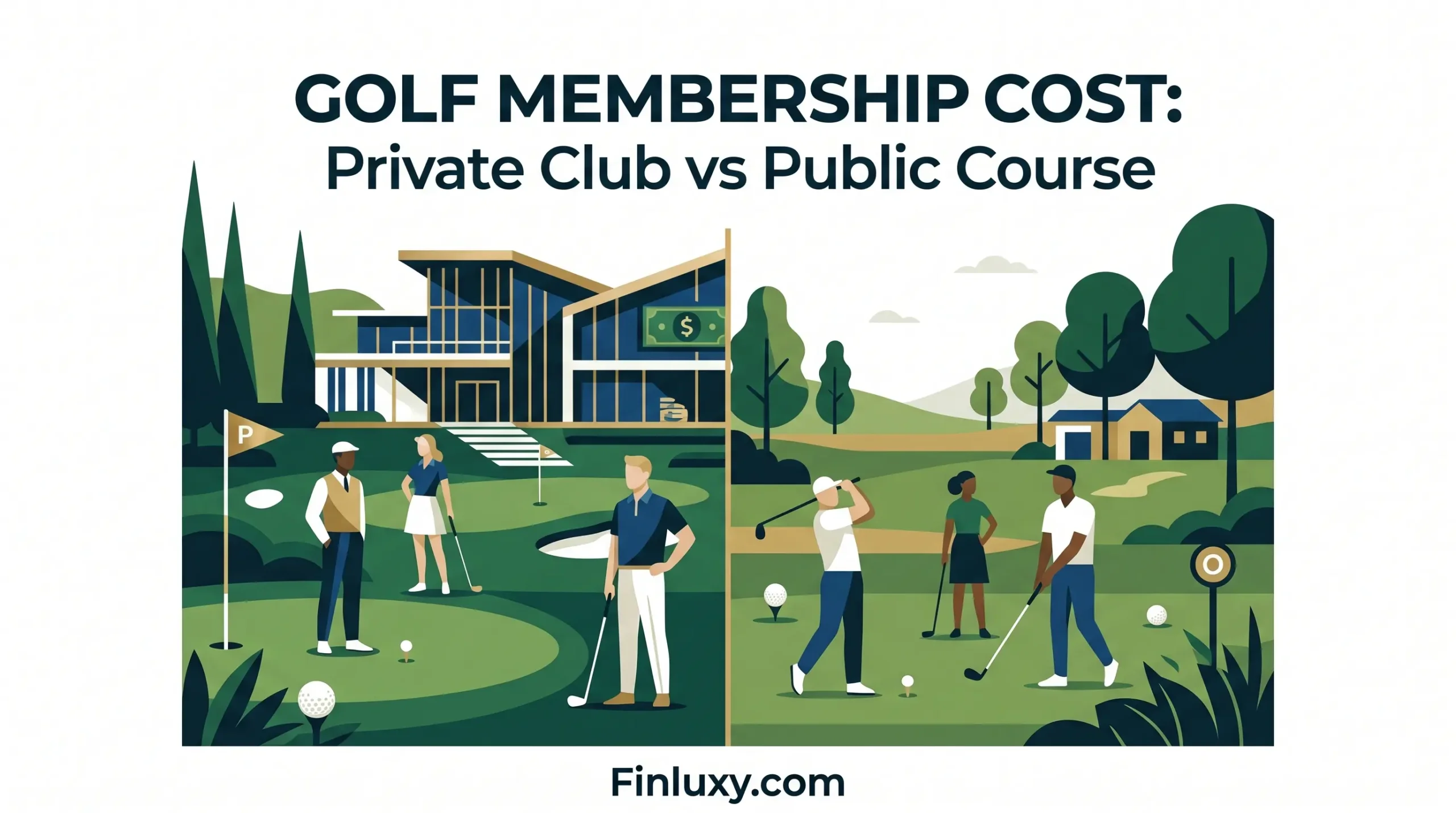 Vector illustration of private vs public golf memberships with the text "GOLF MEMBERSHIP COST" and "Finluxy.com".