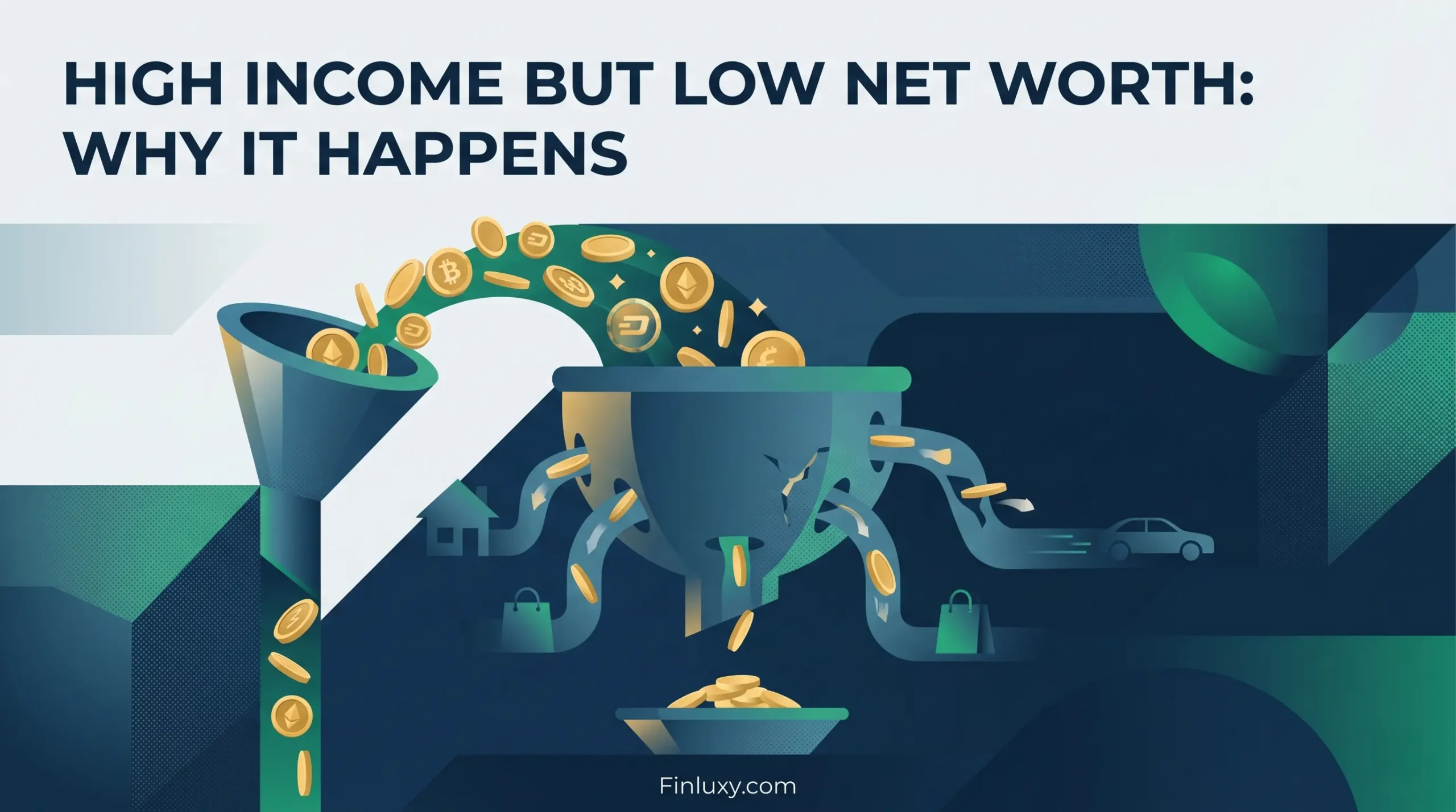 Geometric vector illustration showing high income flowing into a funnel and leaking out to expenses, resulting in low net worth.
