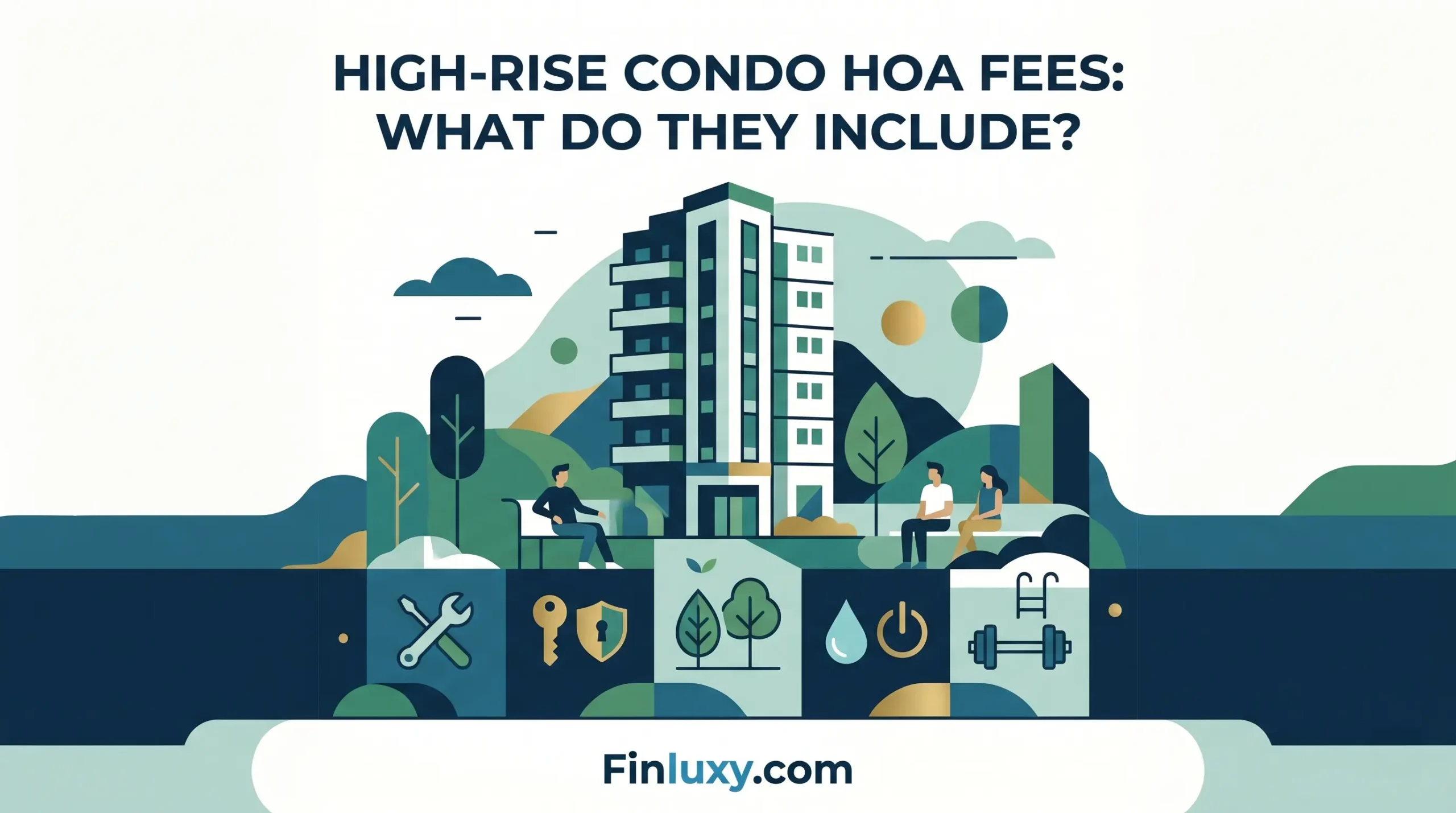 Geometric illustration of a high-rise condo building with abstract icons representing maintenance, security, and amenities.