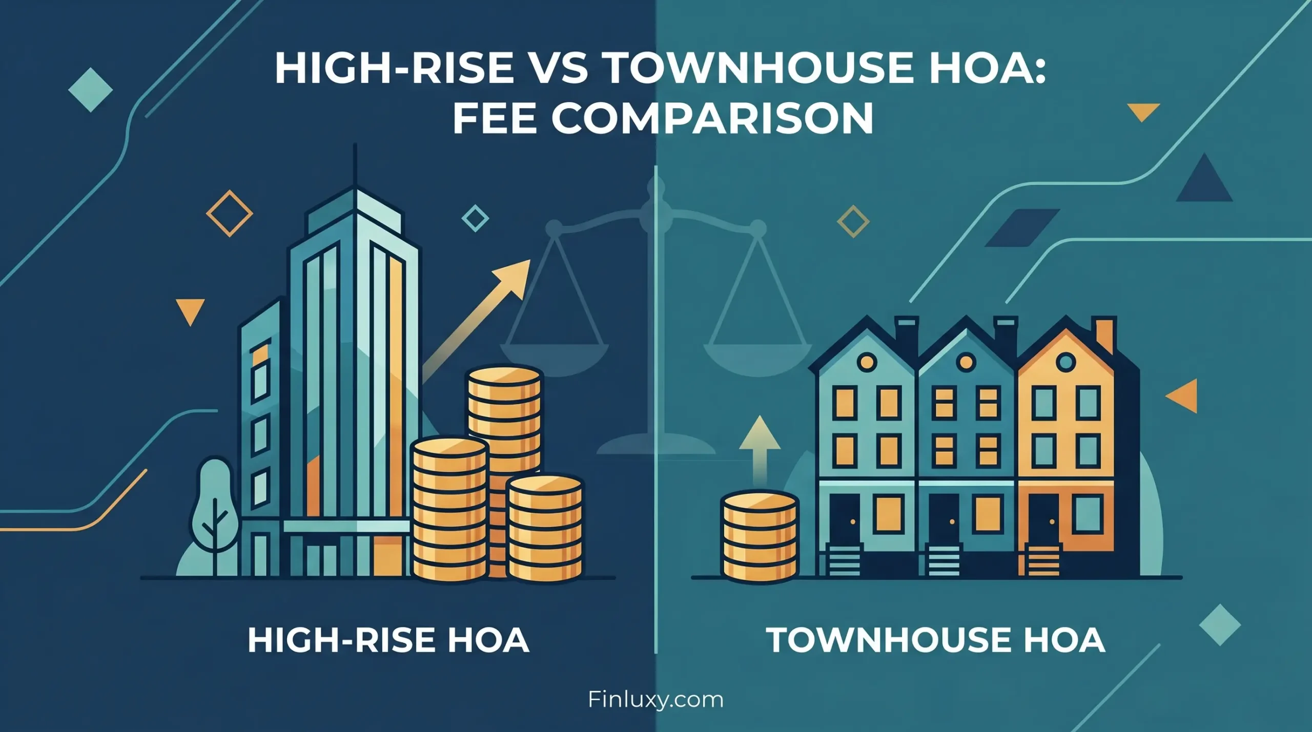 A split geometric illustration comparing a high-rise building and a townhouse, each with coin stacks representing HOA fees.