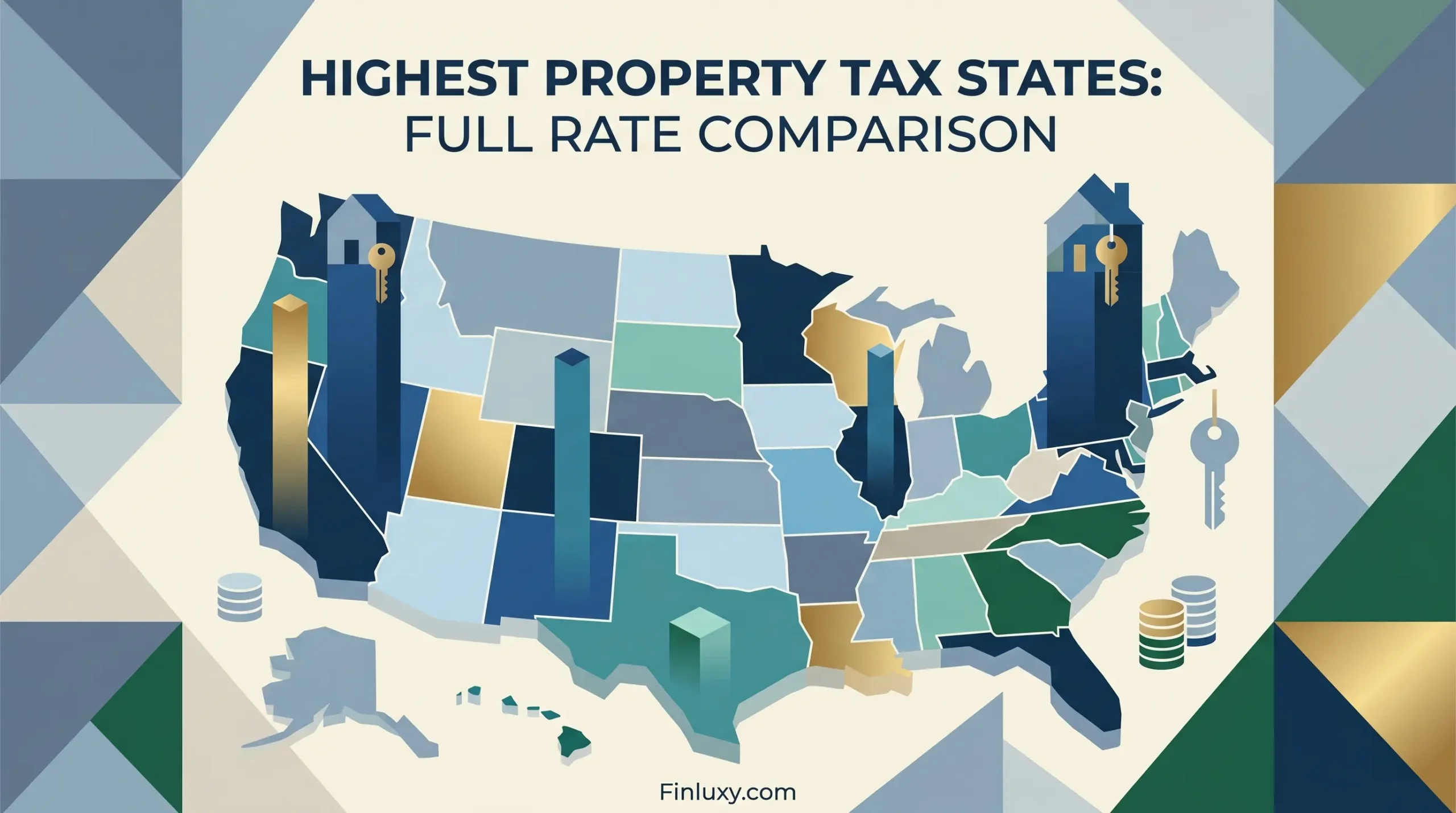 Geometric vector map of the United States with 3D pillars, titled "Highest Property Tax States: Full Rate Comparison."