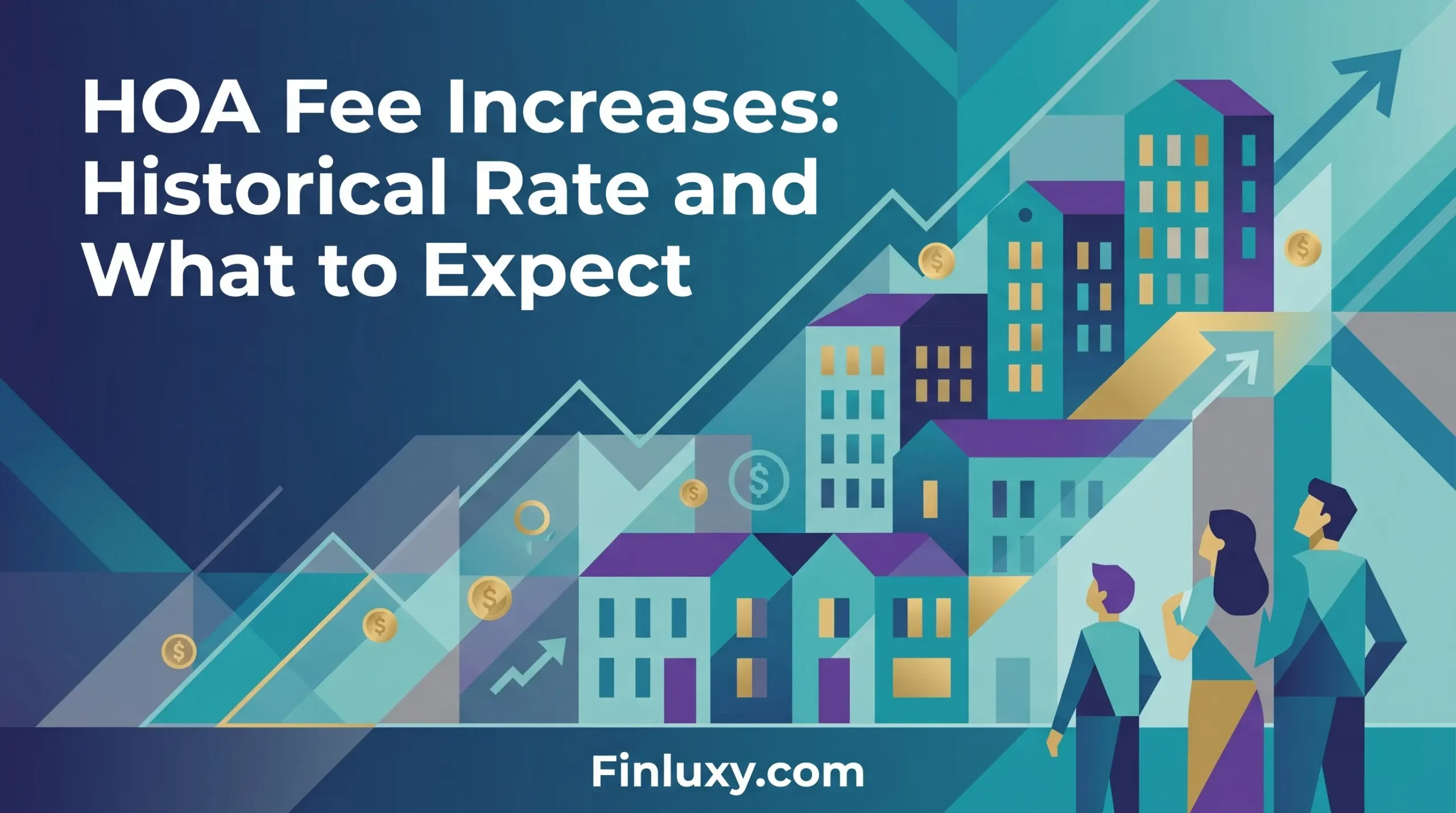 Geometric illustration showing people looking at stylized housing and upward arrows, illustrating rising HOA fee trends.