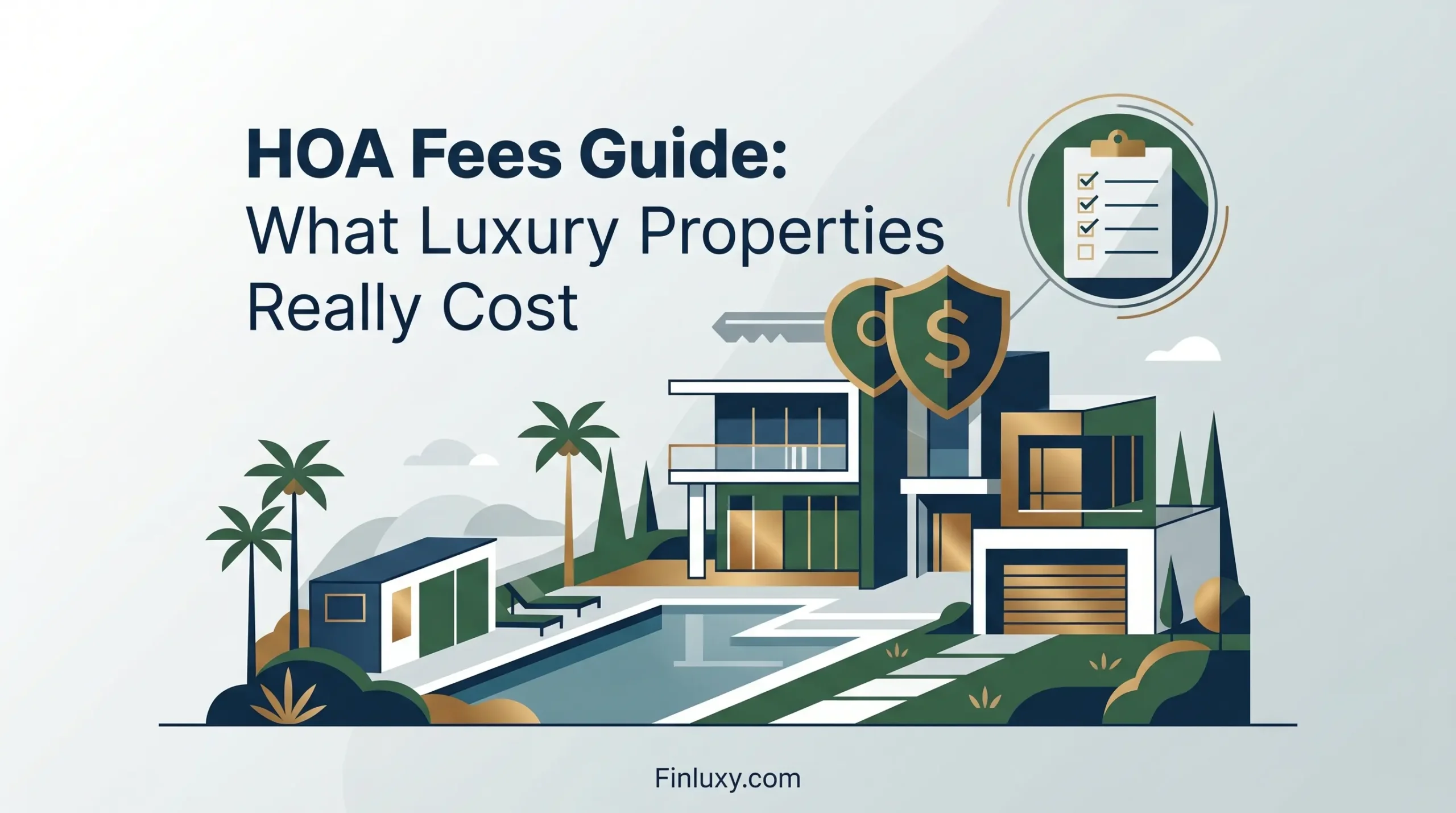 Minimal vector illustration showing a luxury property and HOA fee concepts with a guidebook headline.
