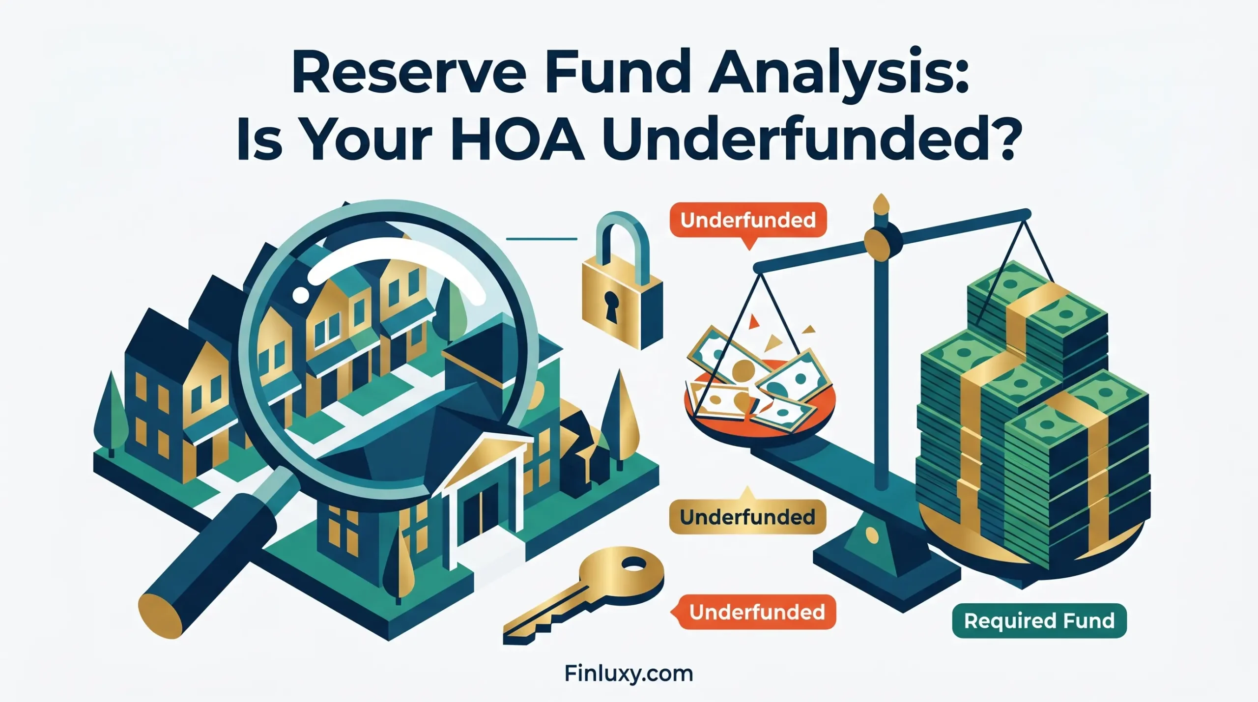 An illustrative graphic analyzing Homeowners Association reserve funds, showing money bags on a scale and property icons.