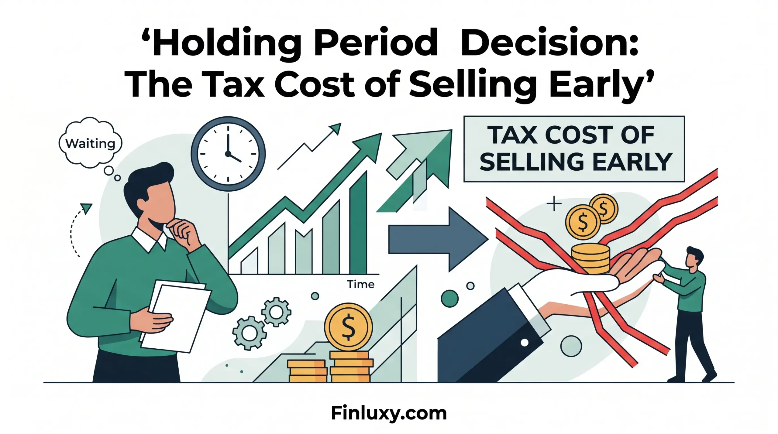 Geometric illustration of an investor weighing time and tax costs, featuring clean vector elements, article headline, and Finluxy.com logo.