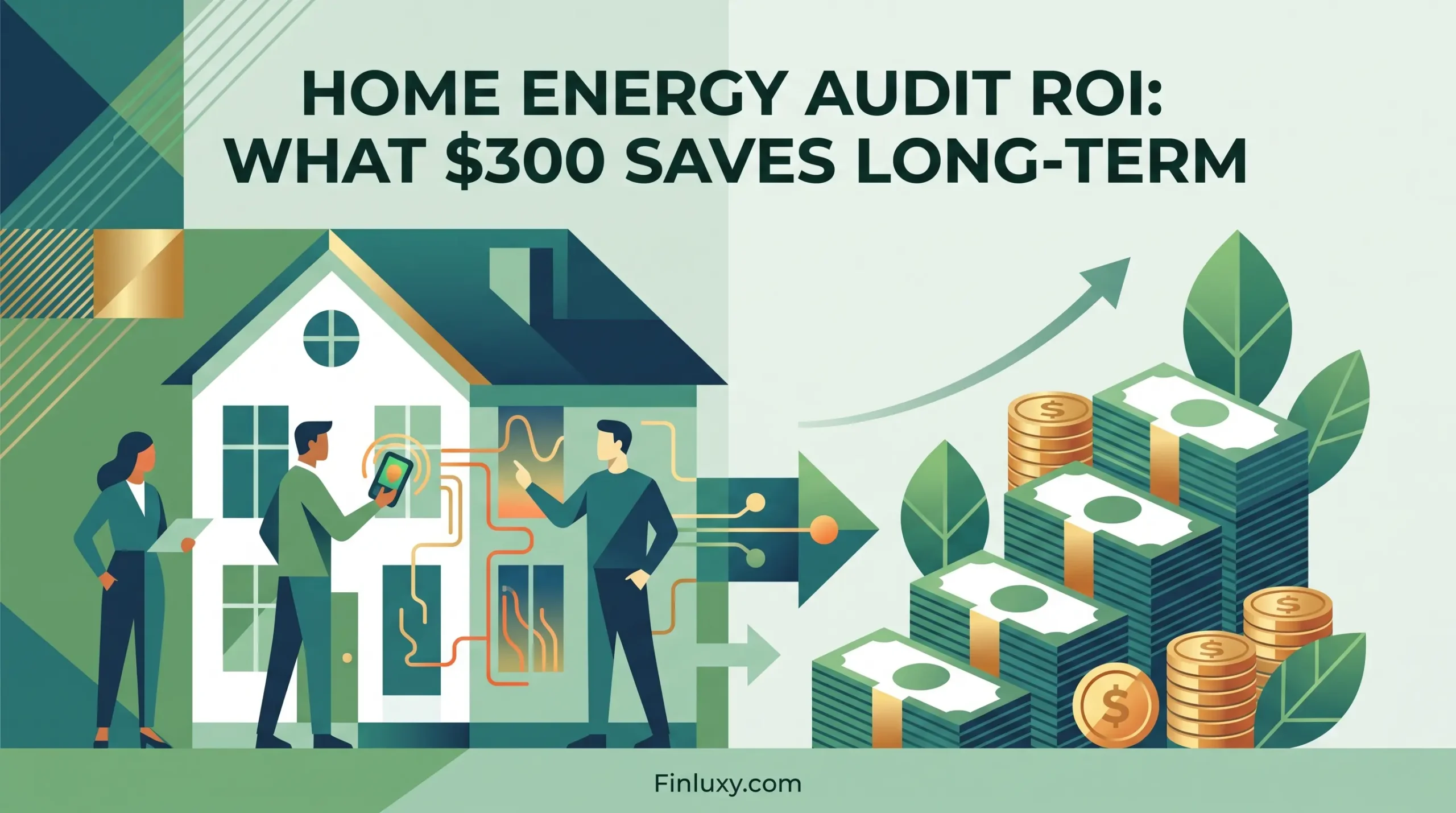 Geometric vector illustration of a home energy audit leading to a growing stack of money and leaves.