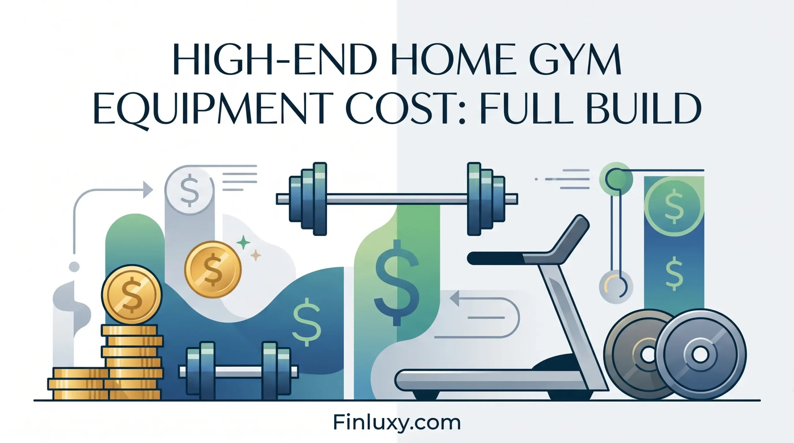 Geometric vector illustration of gym equipment and gold coins, featuring the headline "High-End Home Gym Equipment Cost: Full Build."