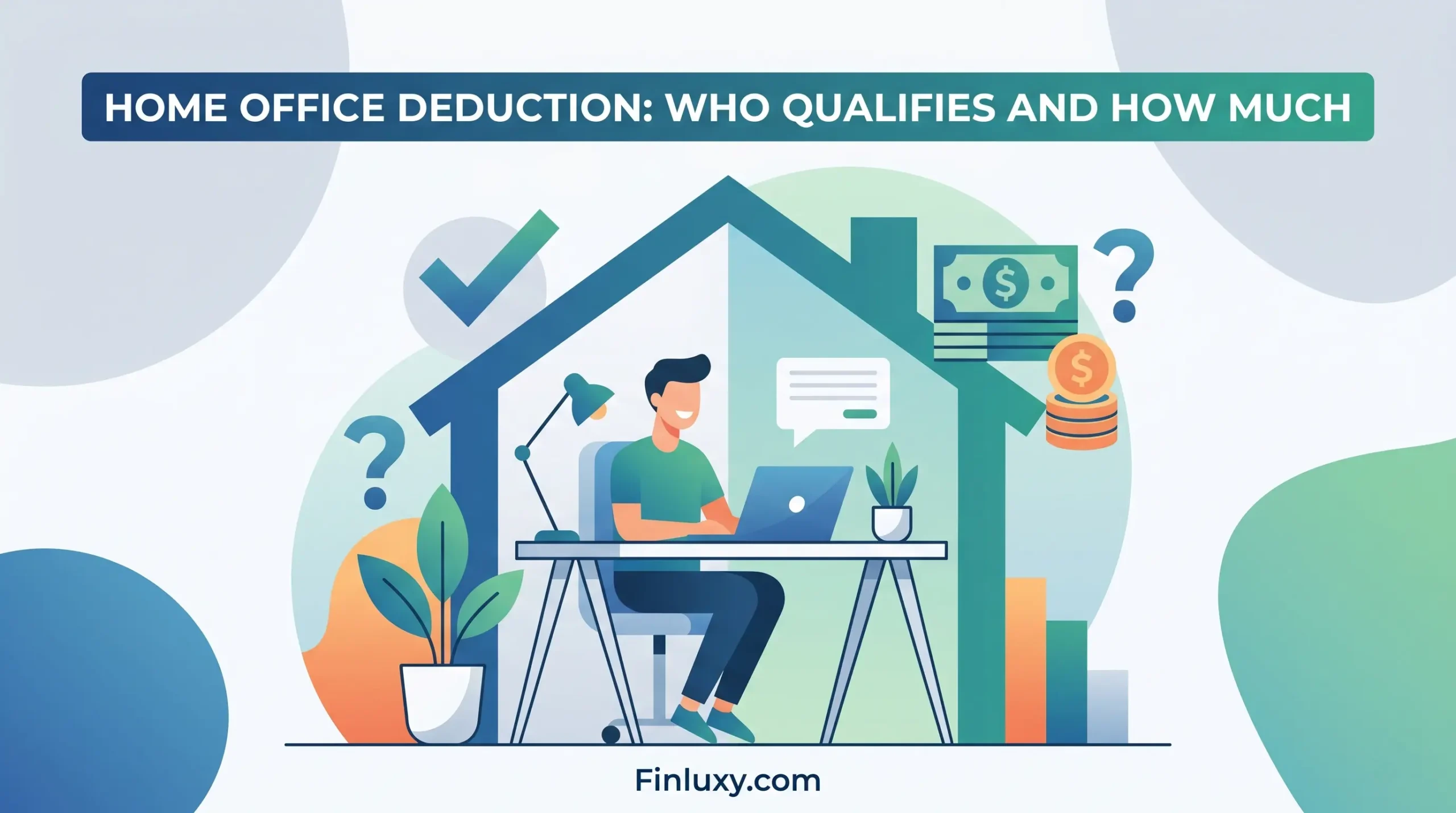Flat geometric illustration of a man working on a laptop within a house frame, surrounded by money and question marks.