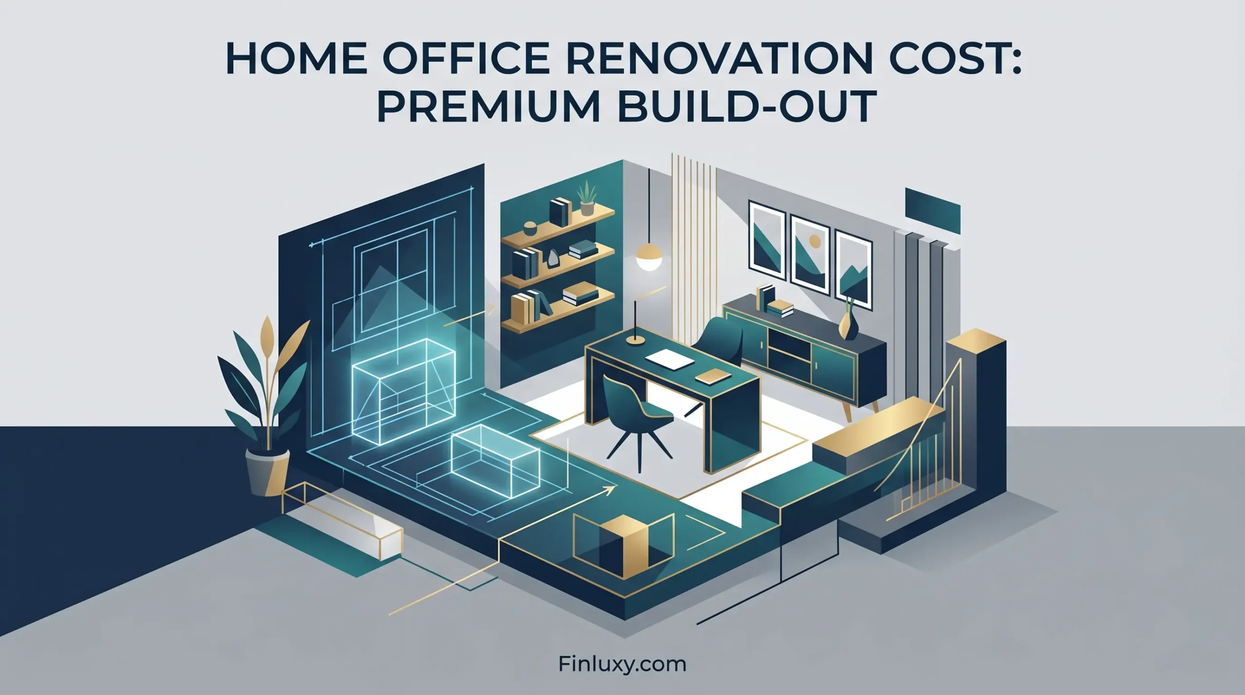Minimalist geometric vector illustration of a modern, premium home office build-out featuring sleek furniture and architectural lines.