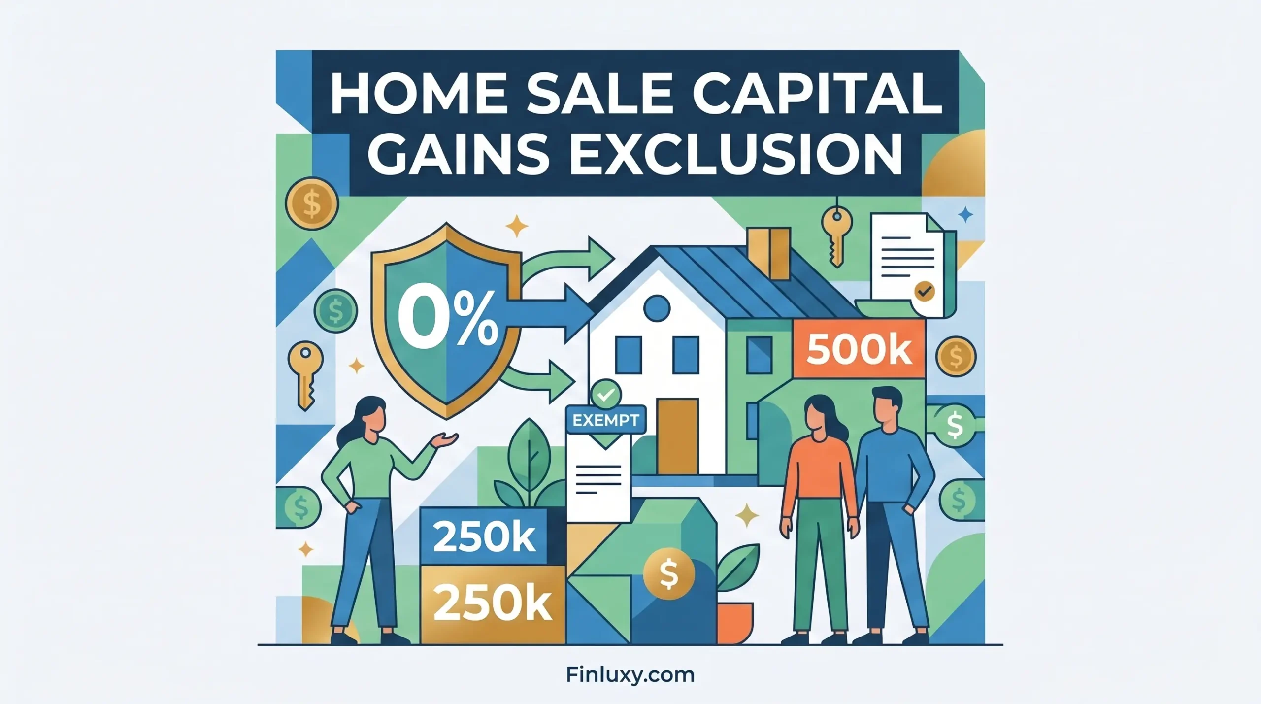 Vector illustration of home sale capital gains tax exemption limits.