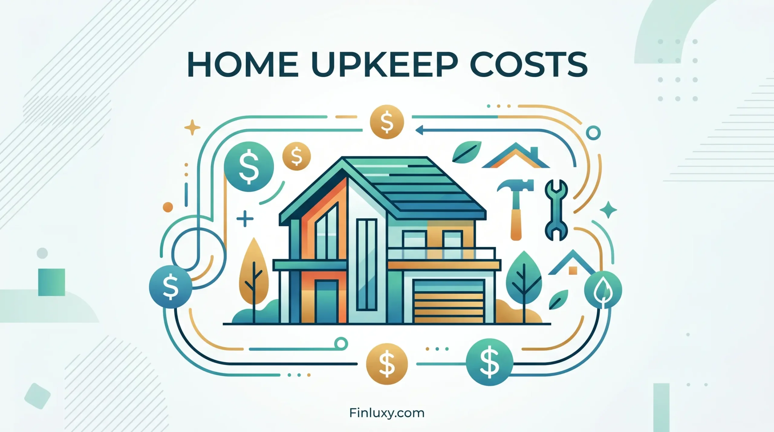 Modern illustration of a stylized house surrounded by dollar signs and maintenance icons to visualize property upkeep costs.