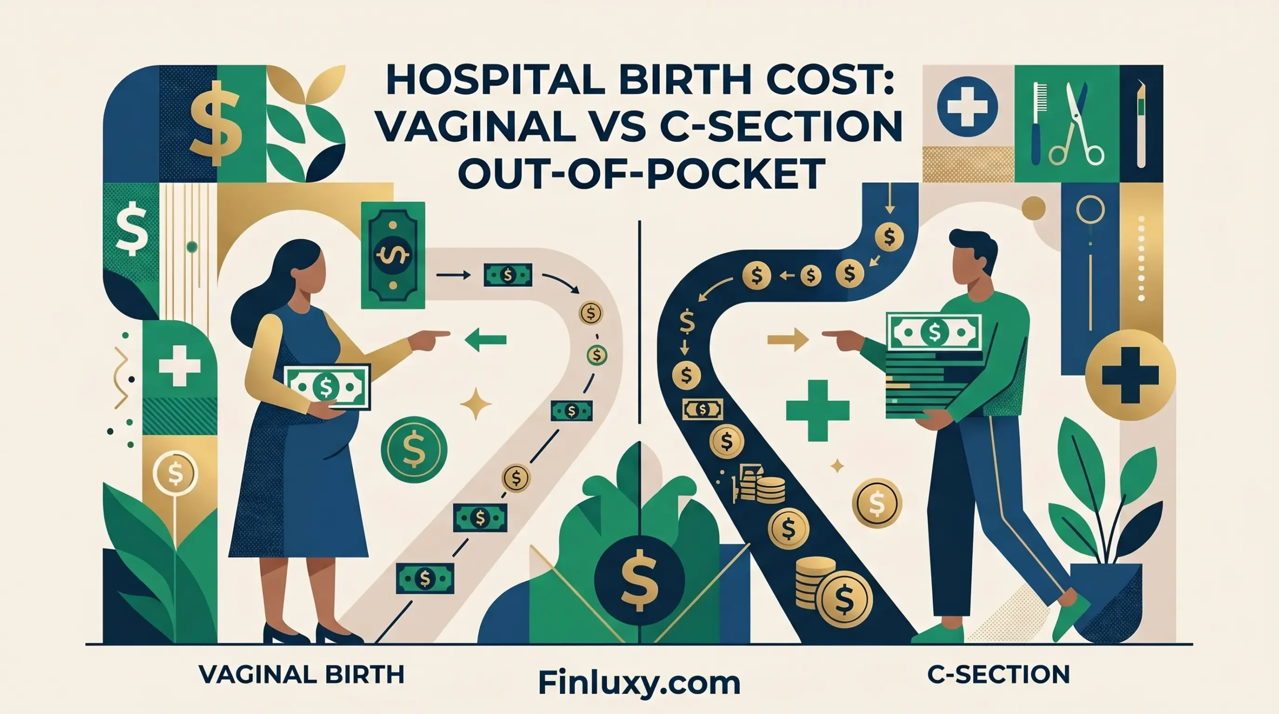 A modern vector illustration comparing vaginal birth costs and c-section costs for the Finluxy website.