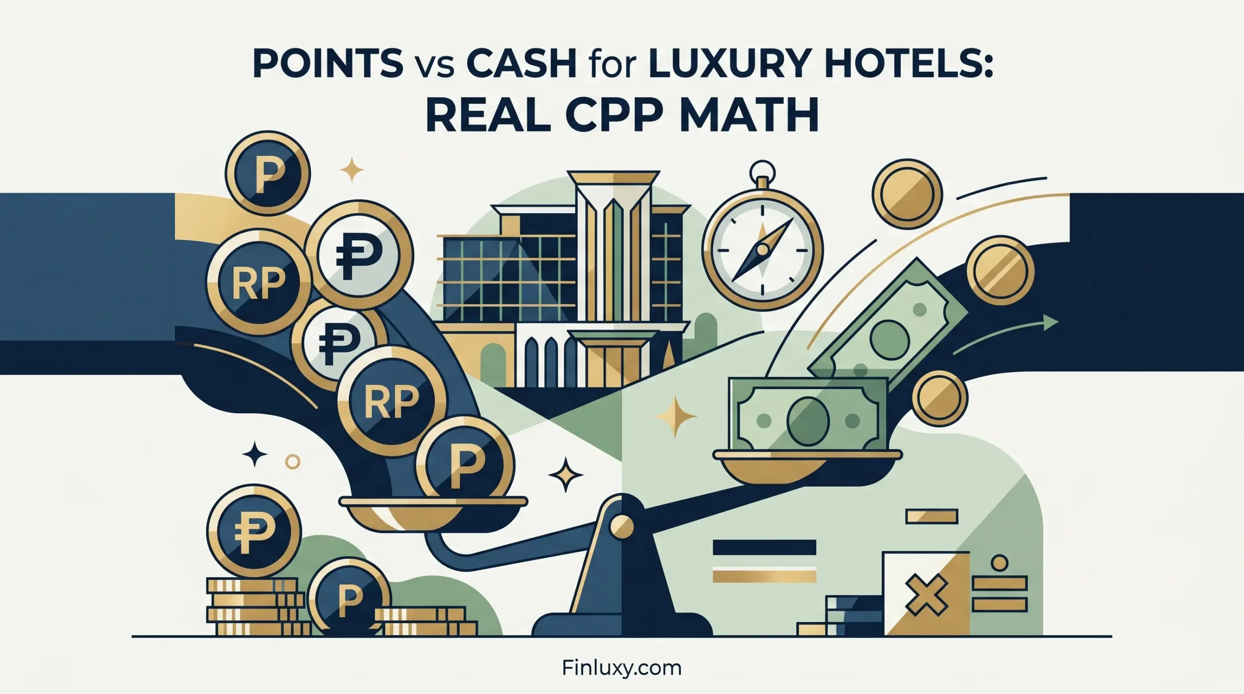 Geometric vector illustration of a scale balancing award points and cash bills in front of a luxury hotel building.