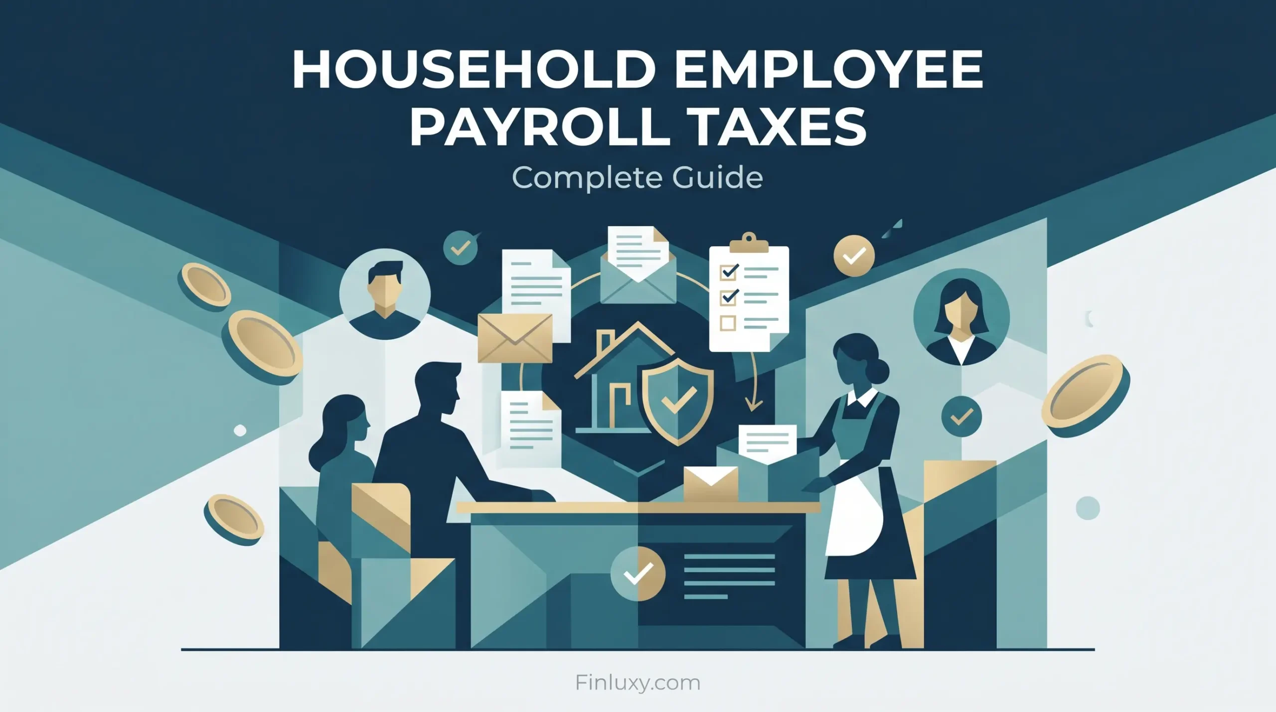 Geometric illustration showing an employer and domestic worker managing payroll documents and taxes, with a Finluxy logo.