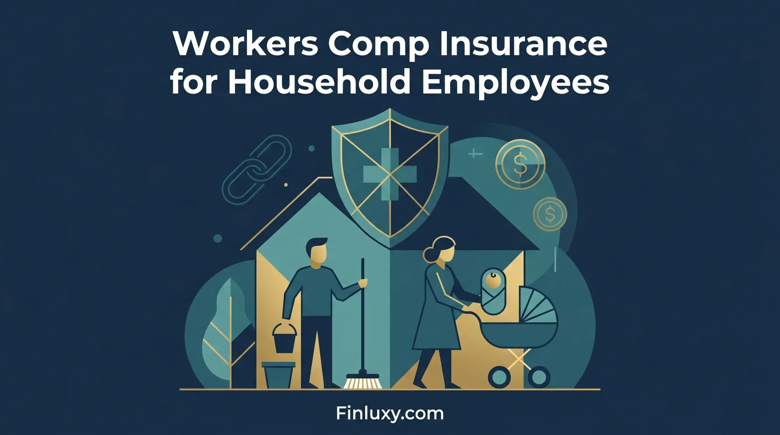 Geometric vector illustration showing household staff protected by a medical shield for insurance.
