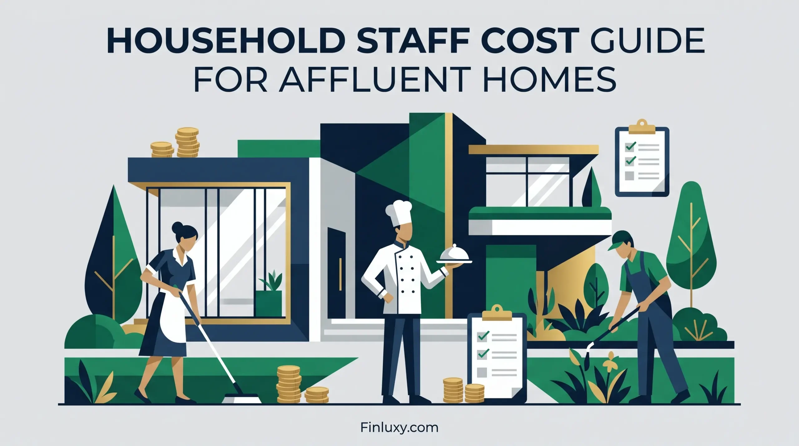 Geometric illustration of a chef, maid, and gardener outside a modern home, alongside subtle stacks of coins.