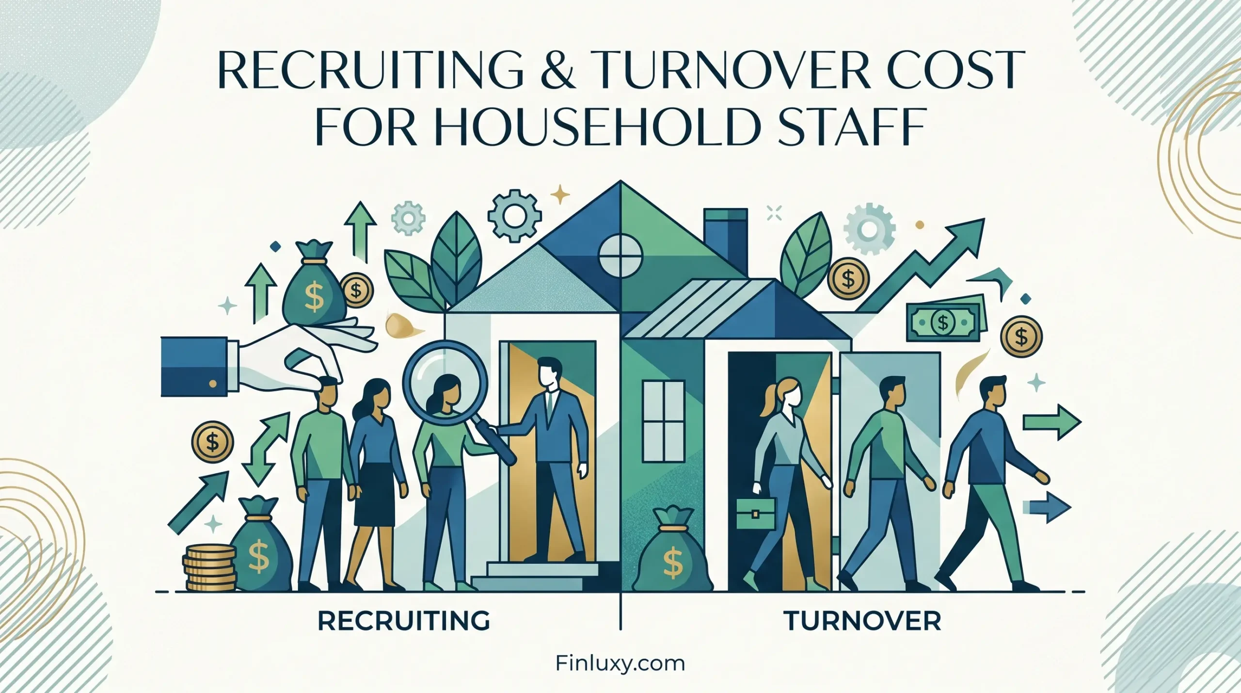 A modern geometric illustration shows the hiring process and cost of staff turnover for a household.