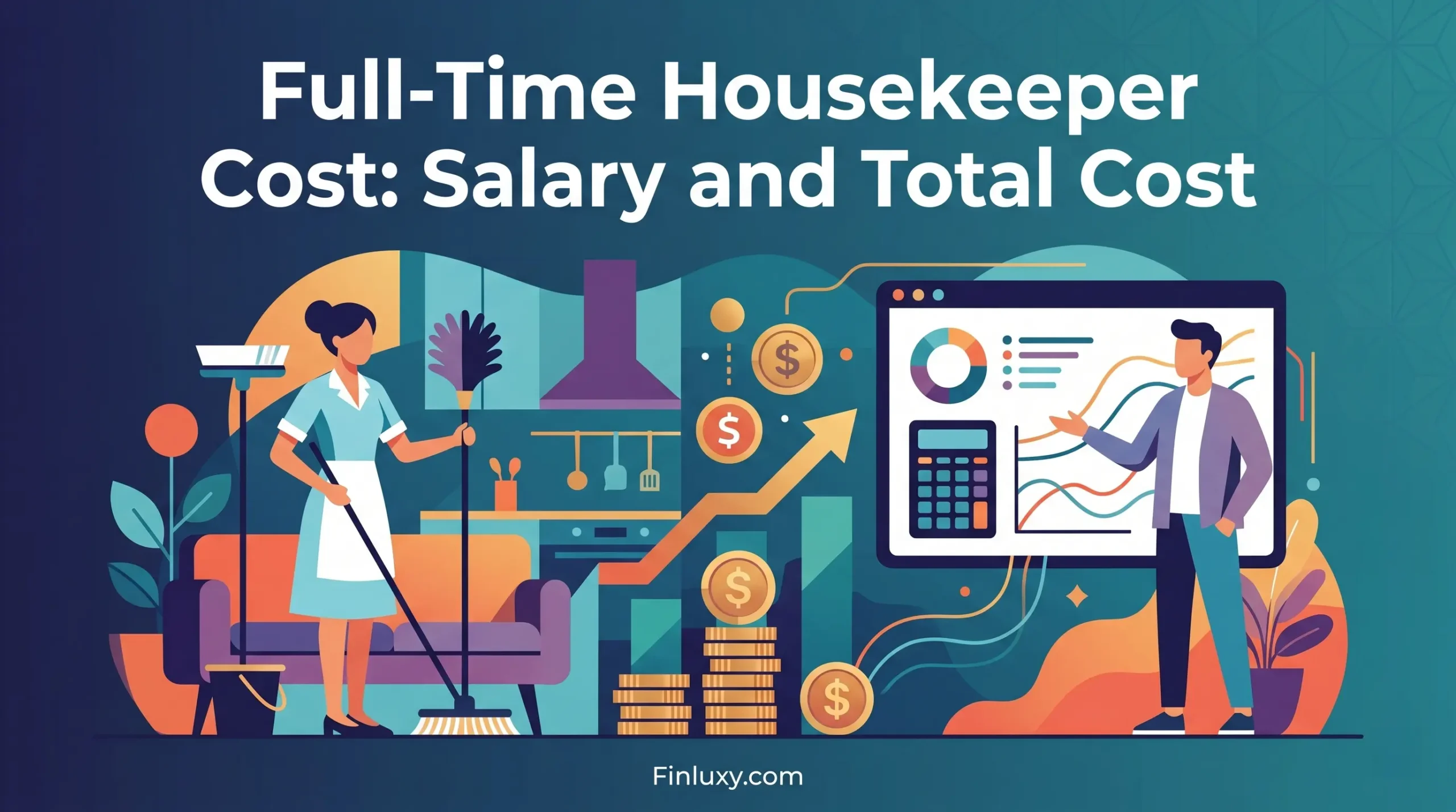 A geometric vector illustration comparing household cleaning tasks with financial graphs and coins.
