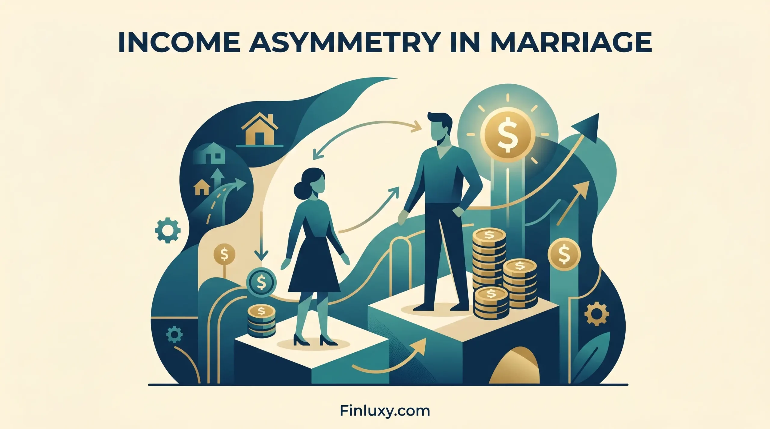 A stylized geometric illustration depicting a couple with an unequal distribution of wealth, for Finluxy.com.