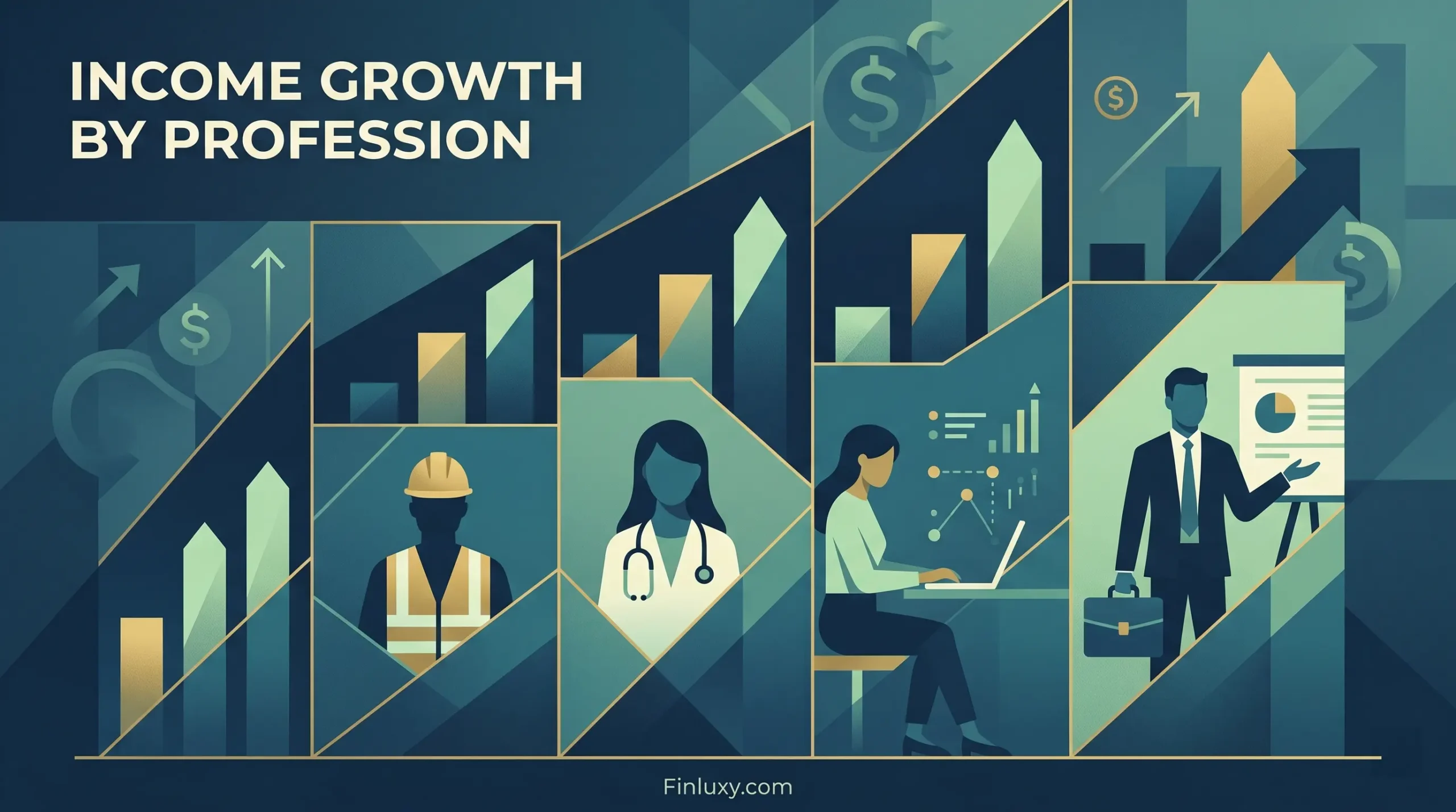 Geometric illustration depicting diverse professionals alongside rising growth charts, titled "Income Growth by Profession" for Finluxy.com.