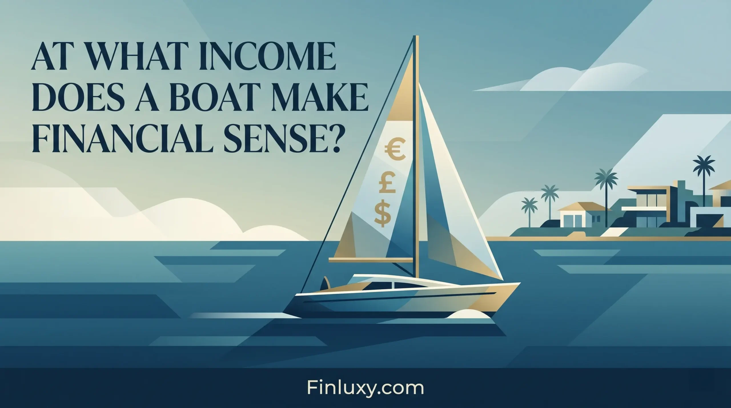 Vector illustration of a sailboat on geometric waves with currency symbols on sails, beside luxury coastal houses, asking about boat ownership income.