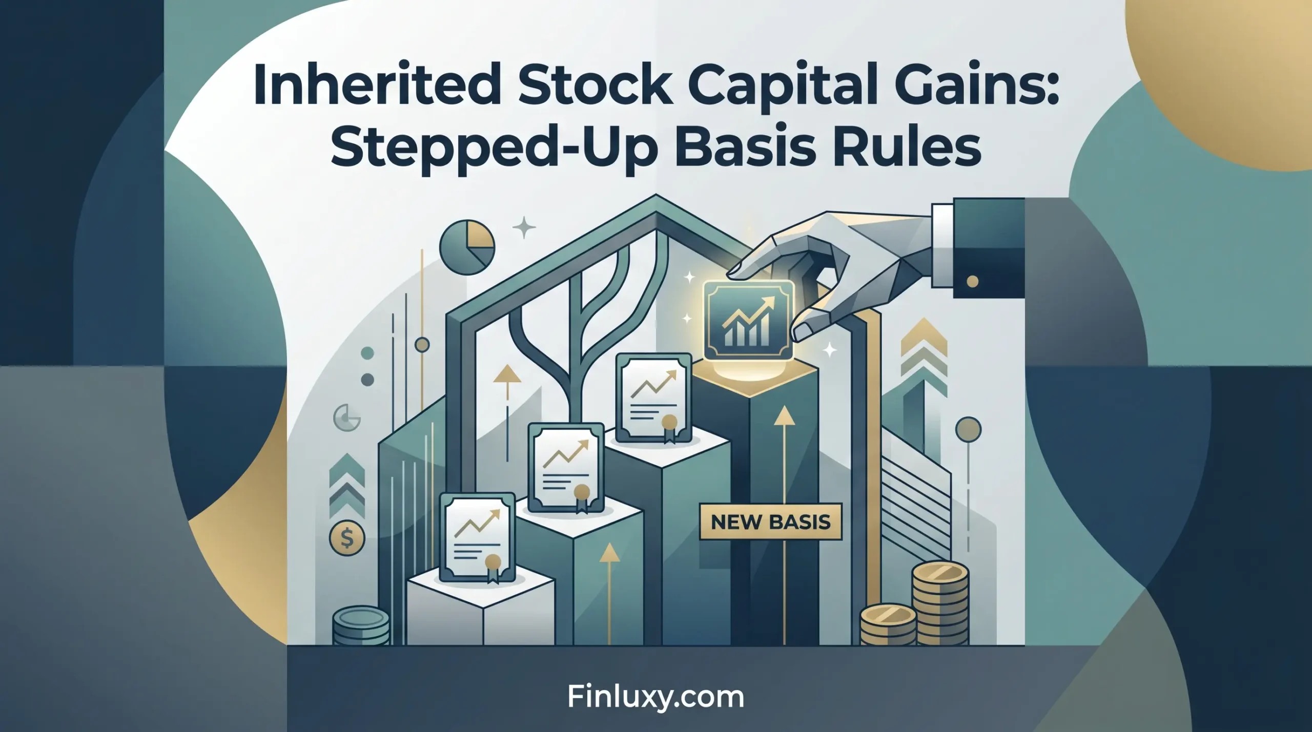 Geometric vector illustration of rising financial pillars and a hand adjusting a block, representing stepped-up basis rules for Finluxy.com.