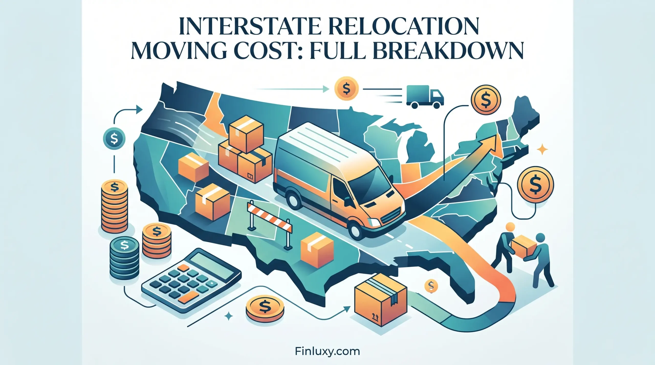 An isometric map of the US with moving trucks, boxes, calculators, and money, illustrating interstate relocation expenses.