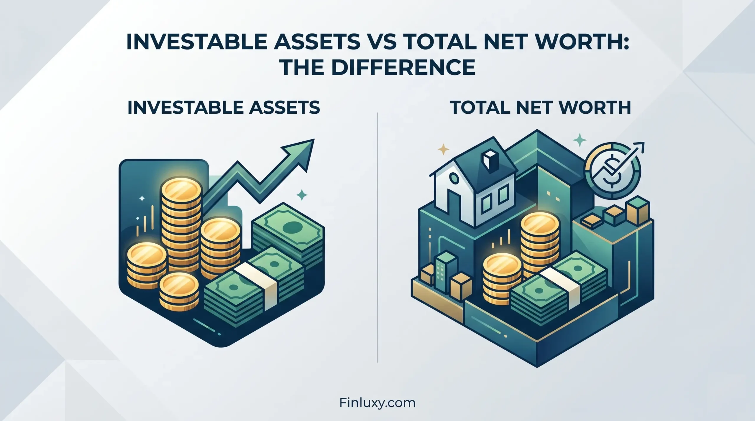 Geometric illustration comparing liquid investable assets like coins and cash to total net worth including real estate.