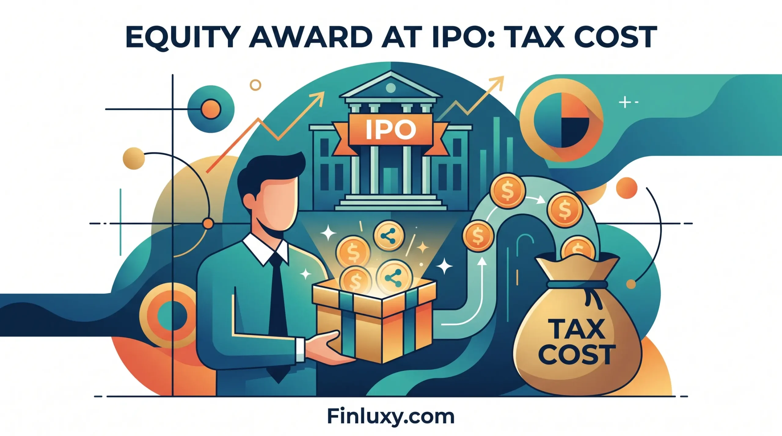 Geometric illustration of a faceless figure receiving equity shares from an IPO, highlighting the resulting tax costs.