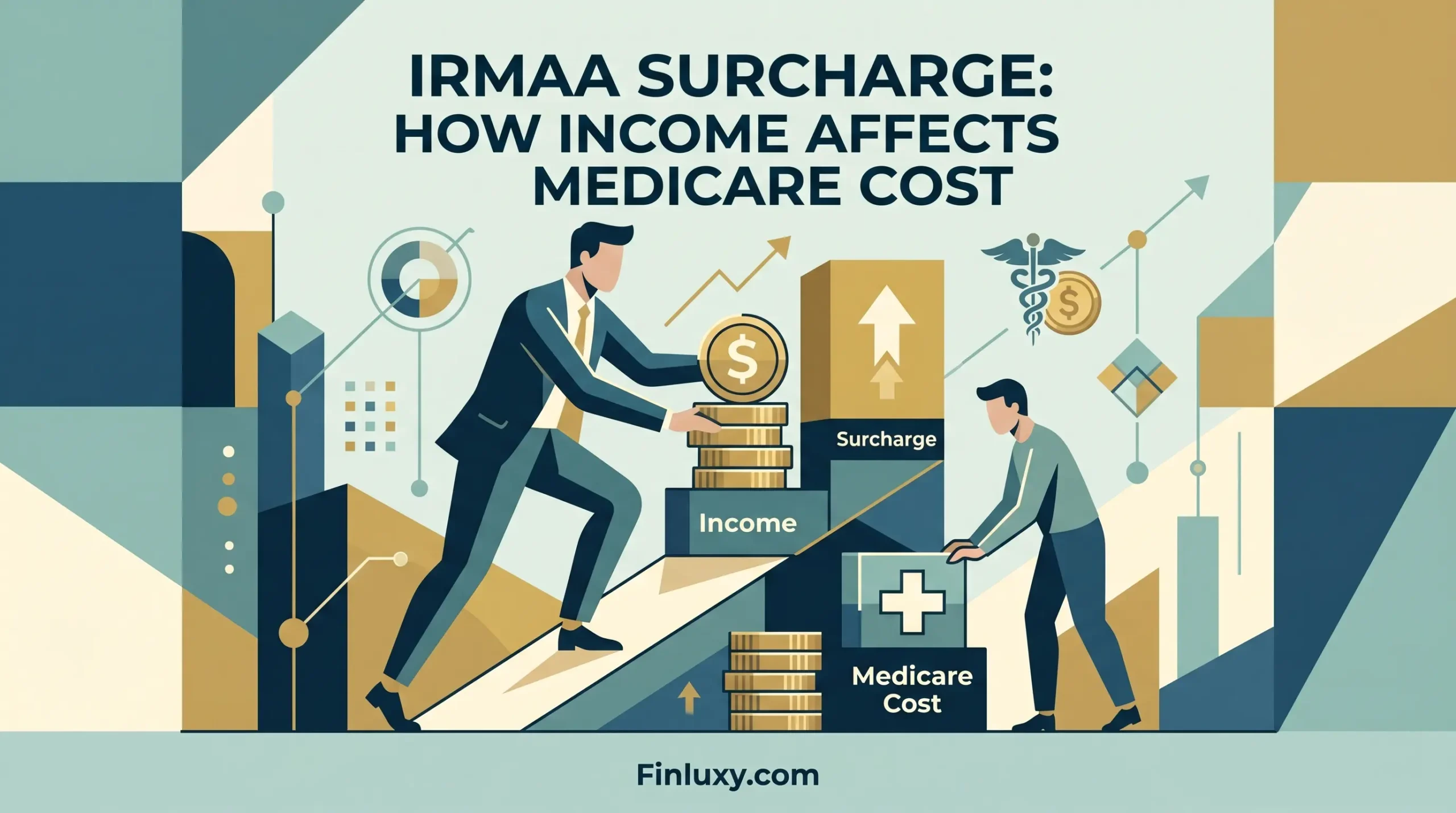 Geometric vector illustration showing abstract figures balancing rising income stacks and Medicare blocks, with the headline "IRMAA Surcharge: How Income Affects Medicare Cost."