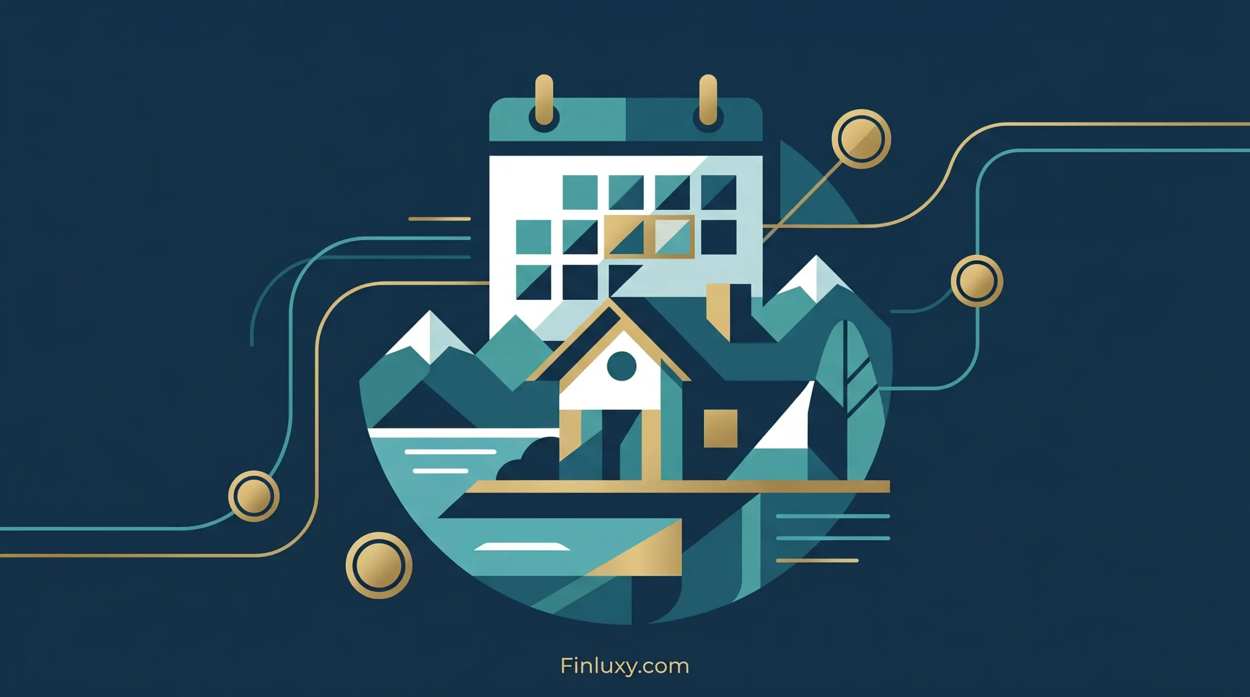 Modern geometric illustration of a vacation house, mountains, and a calendar intertwined with abstract financial lines.
