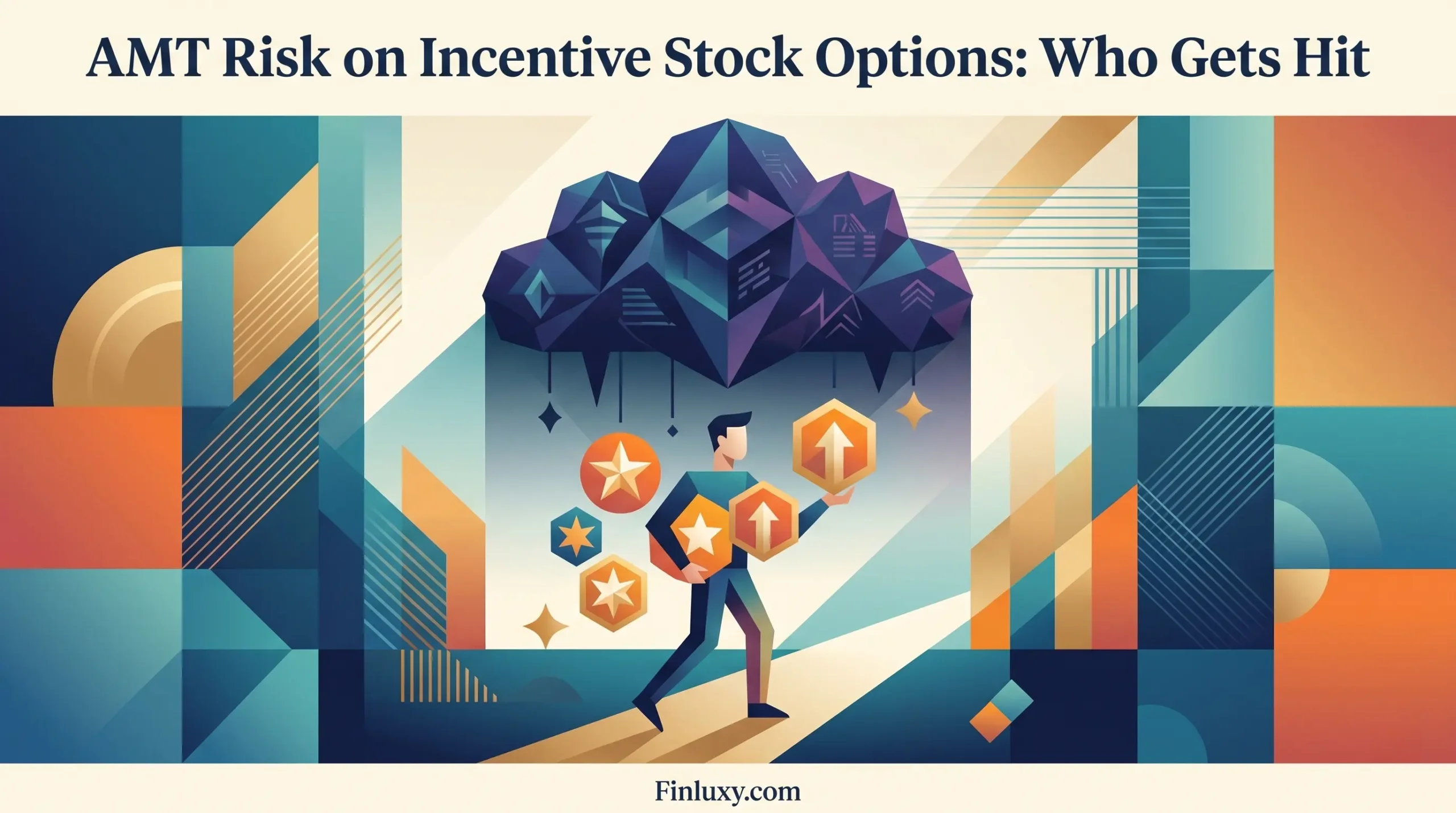 A geometric vector illustration shows a person holding option symbols under a dark cloud, representing AMT risk.